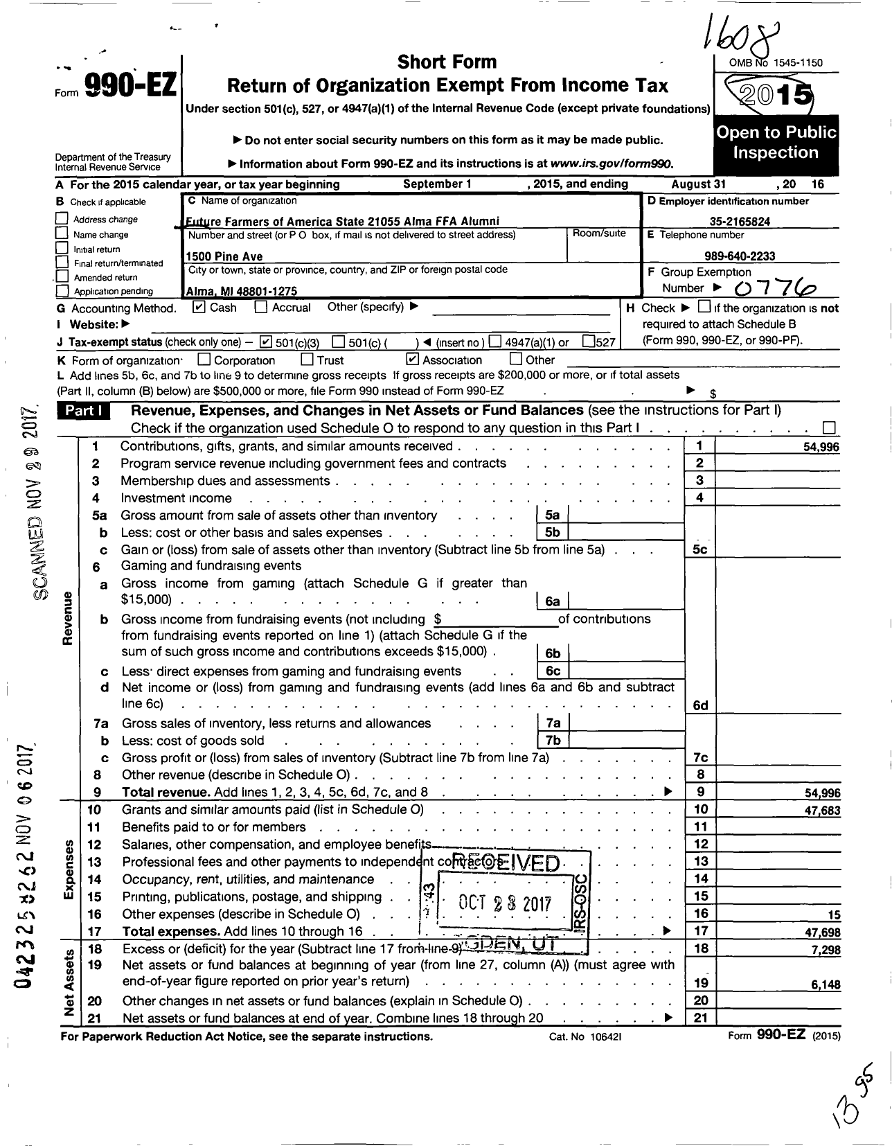 Image of first page of 2015 Form 990EZ for Future Farmers of America - 21055 Alma Ffa Alumni