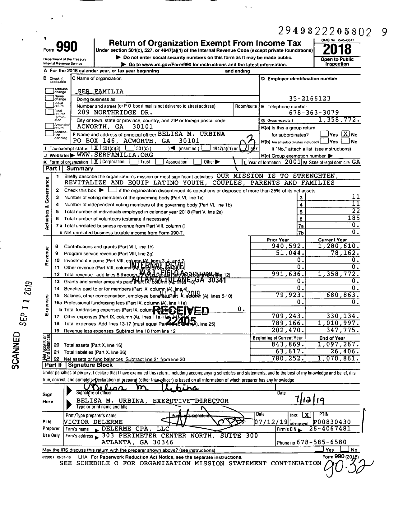 Image of first page of 2018 Form 990 for Ser Familia