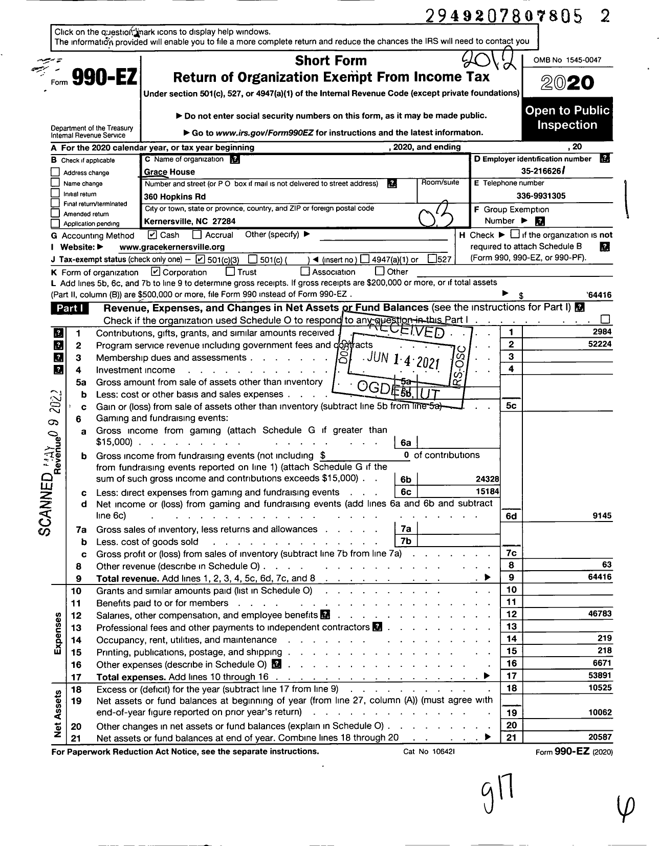 Image of first page of 2020 Form 990EZ for Grace House