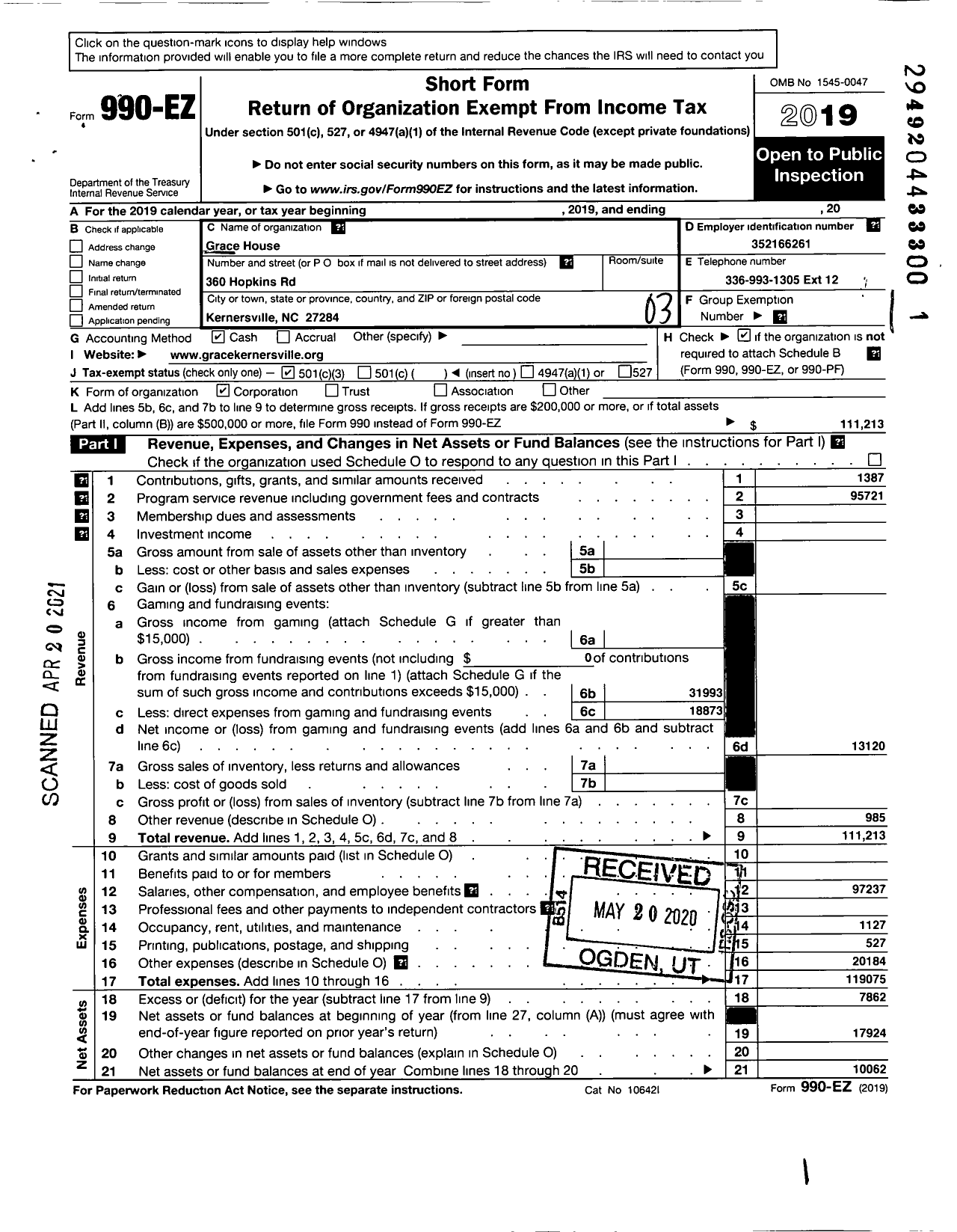 Image of first page of 2019 Form 990EZ for Grace House