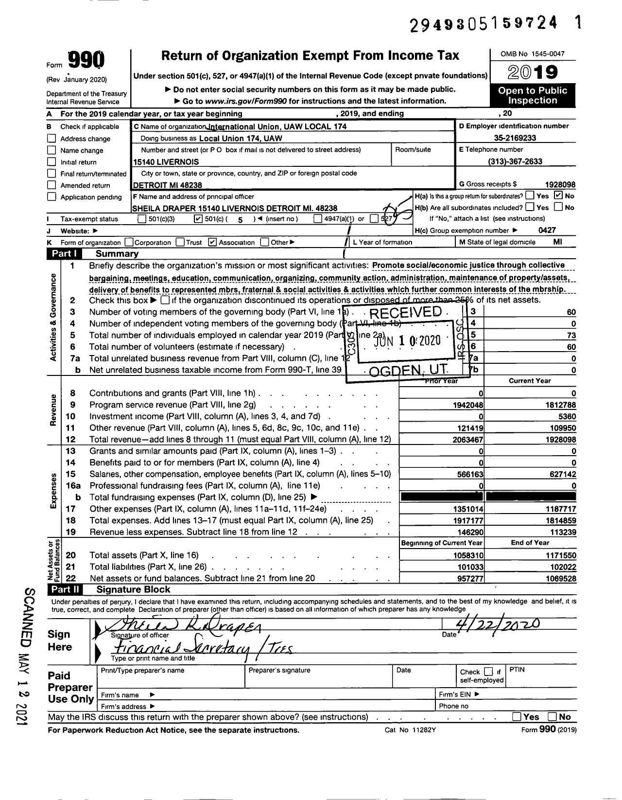 Image of first page of 2019 Form 990O for International Union UAW Local 174