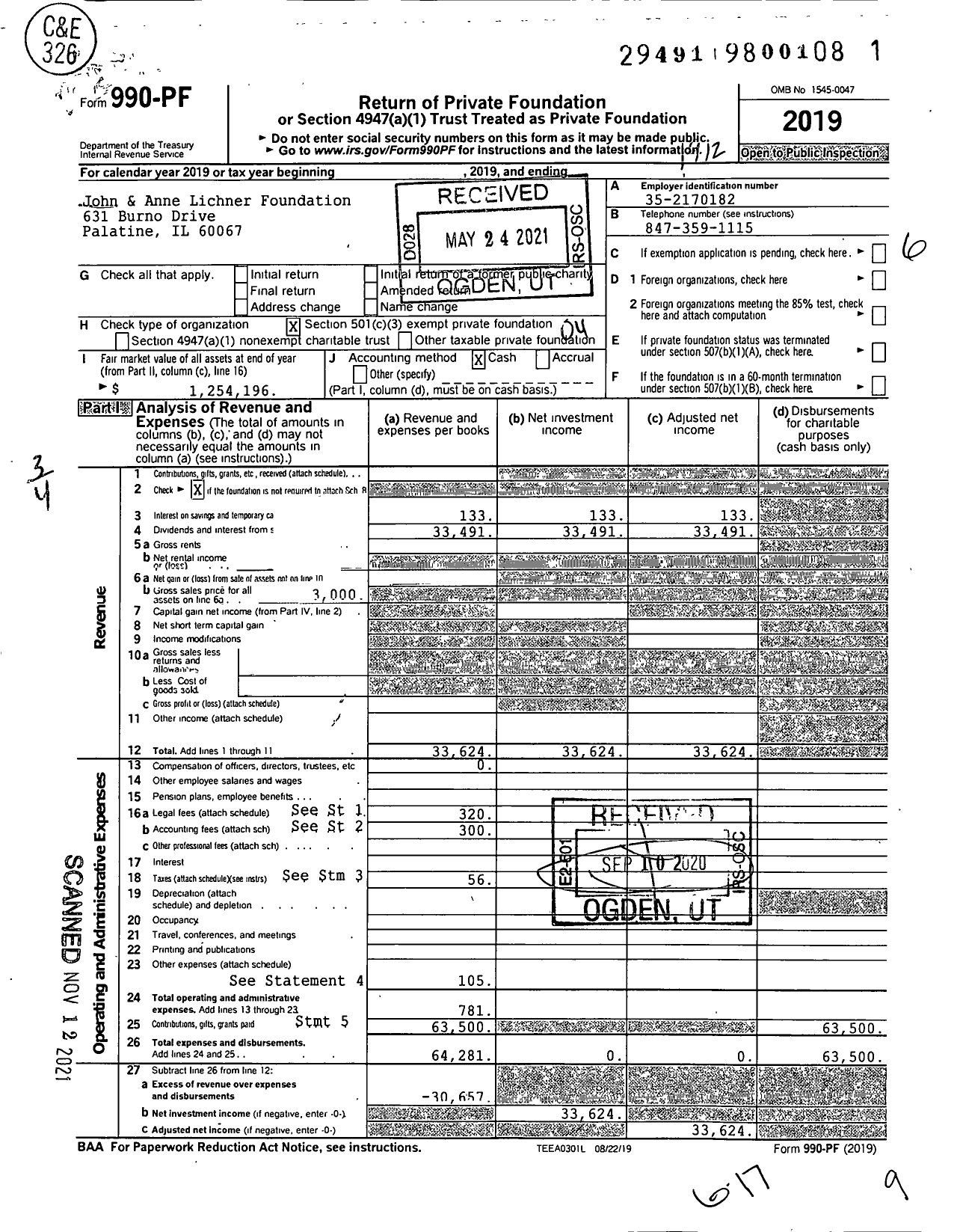 Image of first page of 2019 Form 990PF for John & Anne Lichner Foundation