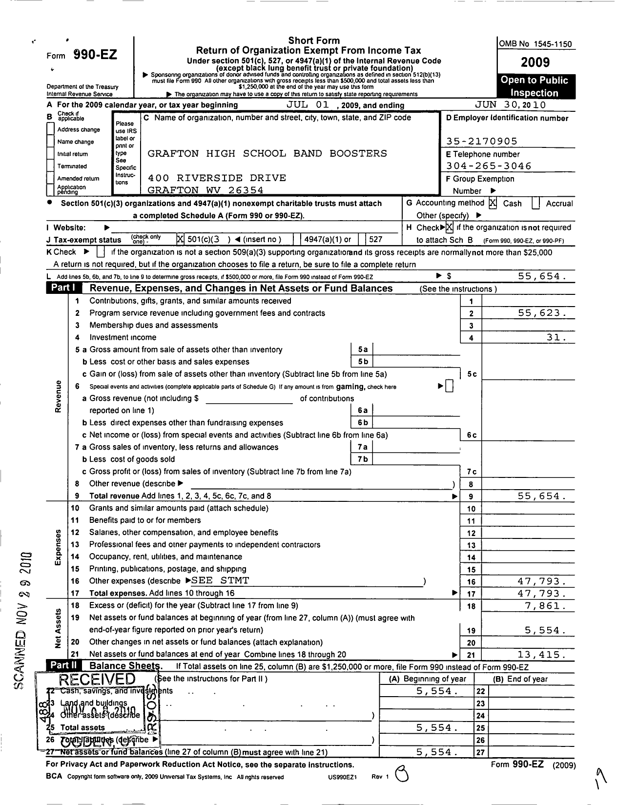 Image of first page of 2009 Form 990EZ for Grafton High School Band Boosters