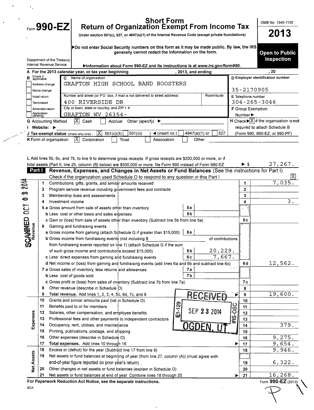 Image of first page of 2013 Form 990EZ for Grafton High School Band Boosters