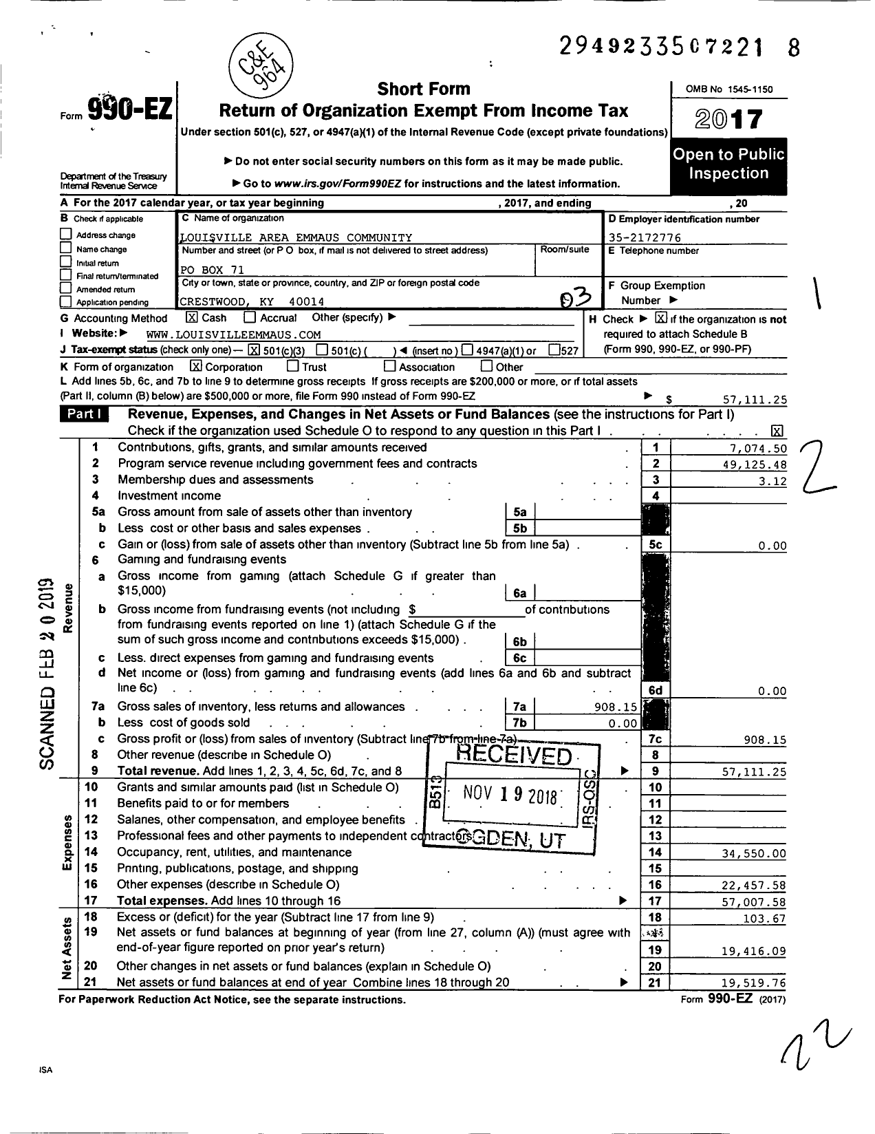 Image of first page of 2017 Form 990EZ for Louisville Area Emmaus Community