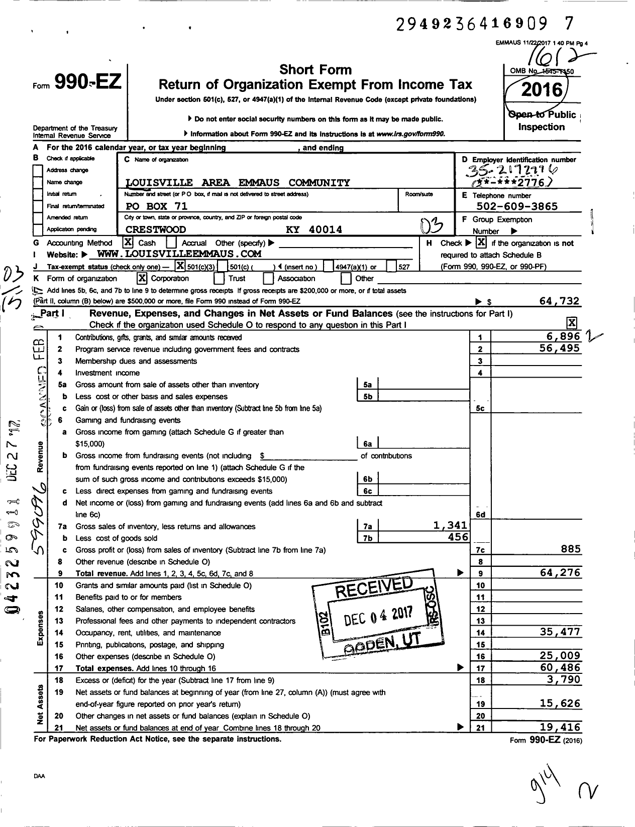 Image of first page of 2016 Form 990EZ for Louisville Area Emmaus Community