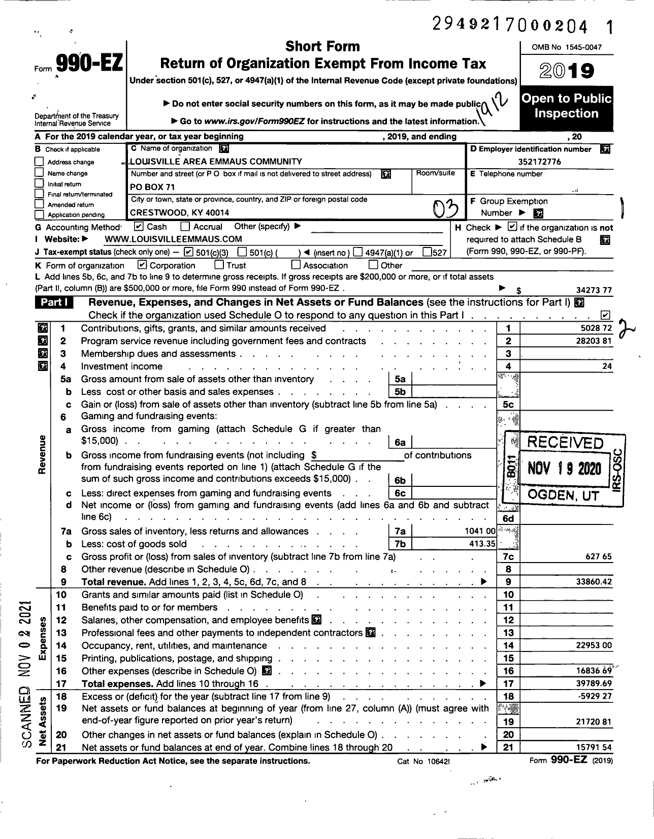 Image of first page of 2019 Form 990EZ for Louisville Area Emmaus Community