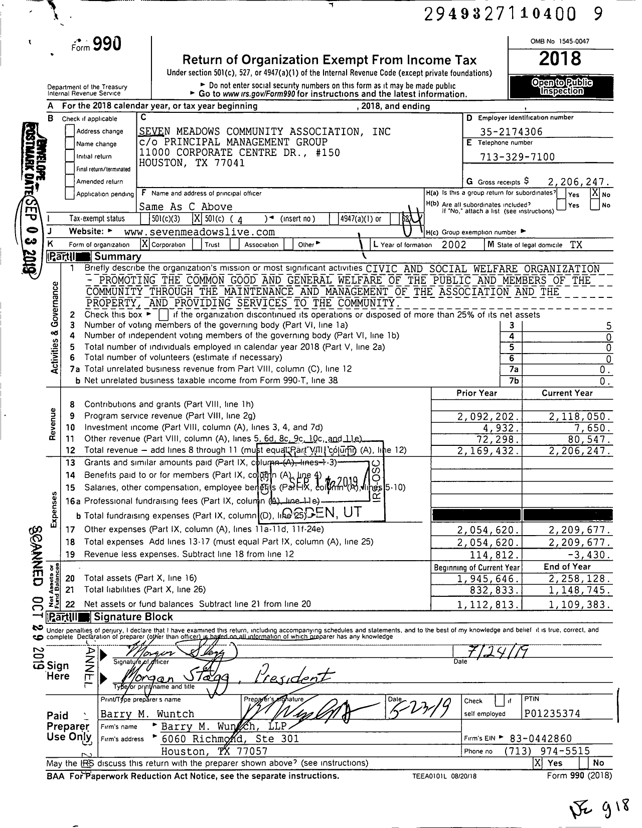 Image of first page of 2018 Form 990O for Seven Meadows Community Association