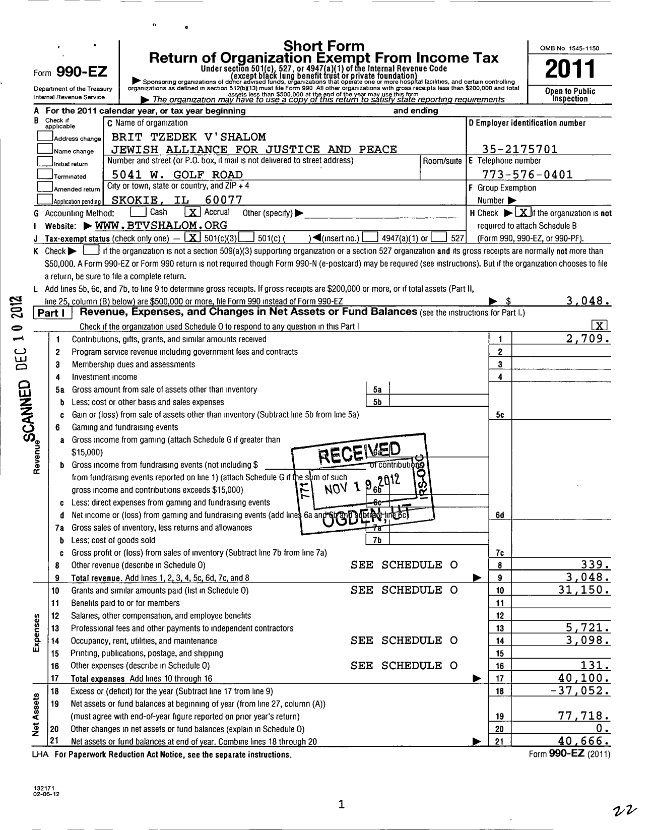 Image of first page of 2011 Form 990EZ for Brit Tzedek Vshalom Jewish Alliance for Justice and Peace