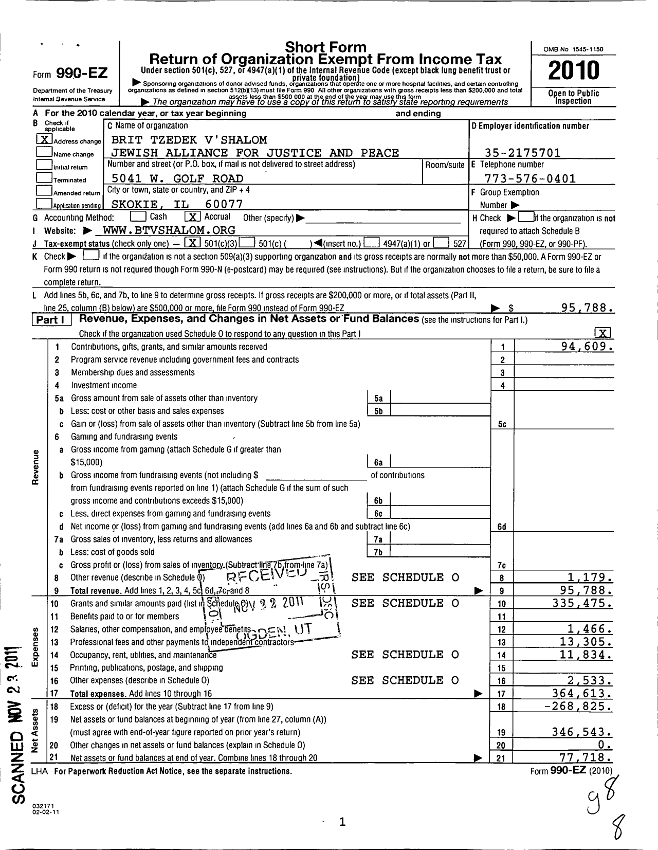 Image of first page of 2010 Form 990EZ for Brit Tzedek Vshalom Jewish Alliance for Justice and Peace