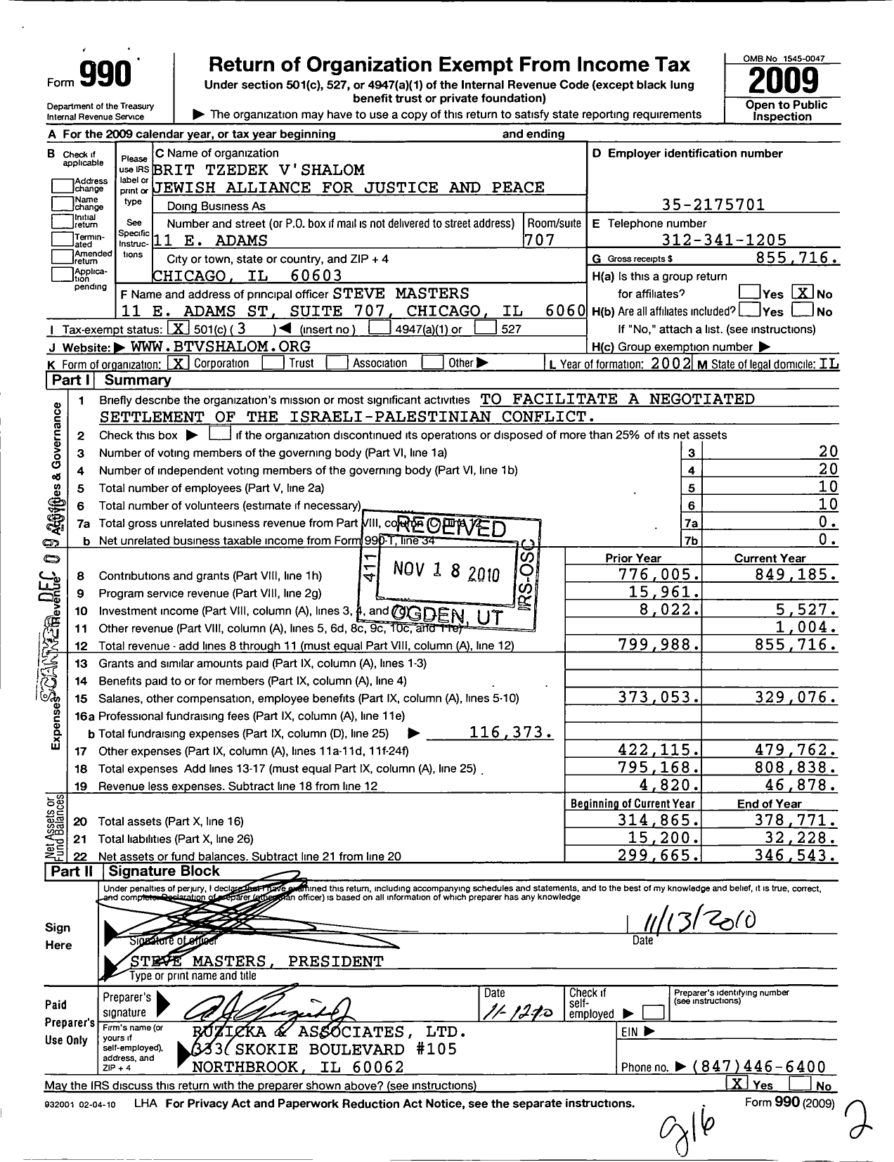 Image of first page of 2009 Form 990 for Brit Tzedek Vshalom Jewish Alliance for Justice and Peace