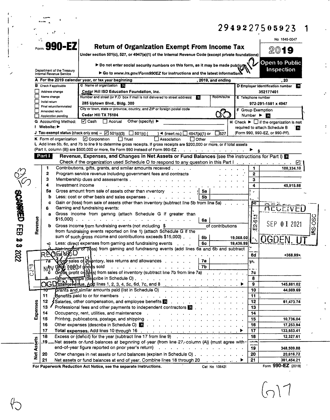 Image of first page of 2019 Form 990EZ for Cedar Hill Isd Education Foundation