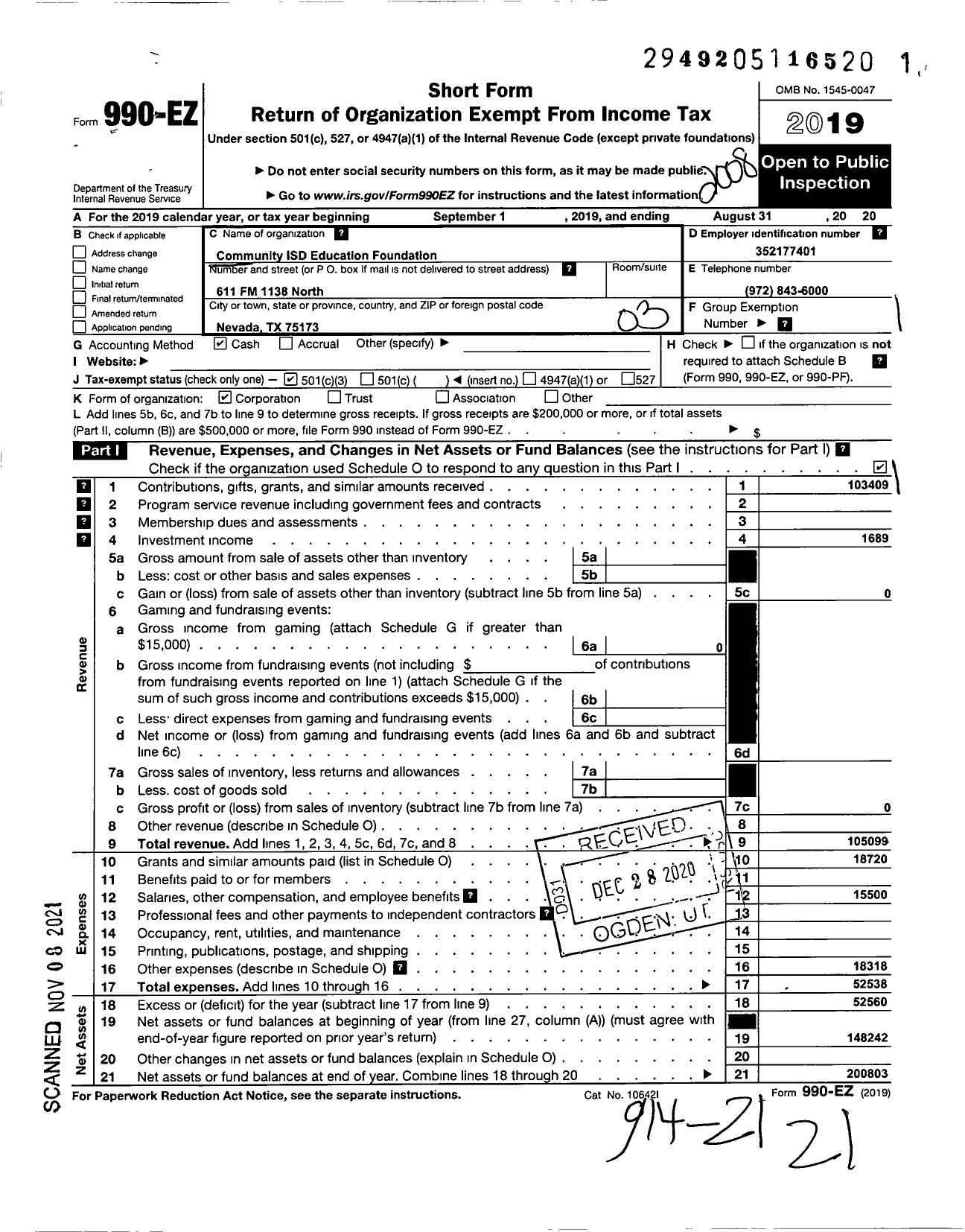 Image of first page of 2019 Form 990EZ for Cedar Hill Isd Education Foundation