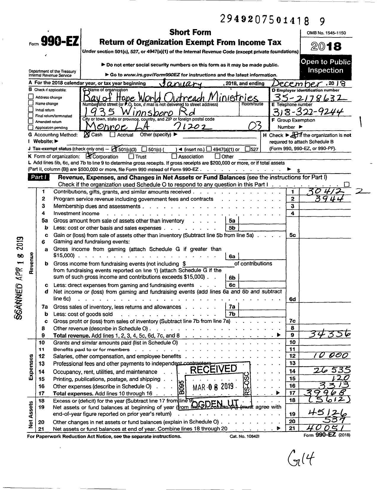 Image of first page of 2018 Form 990EZ for Ray of Hope-World Outreach Ministries