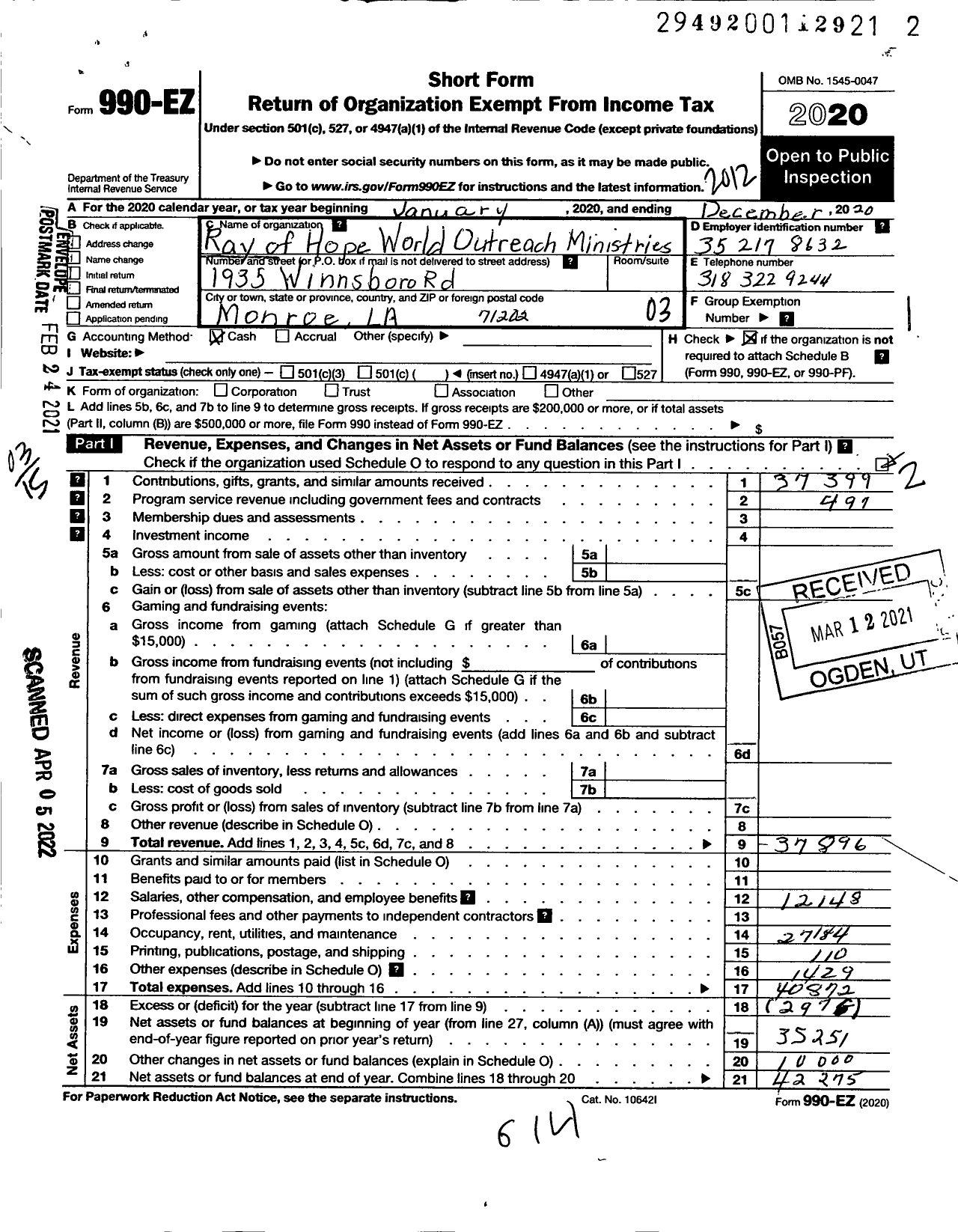 Image of first page of 2020 Form 990EZ for Ray of Hope-World Outreach Ministries