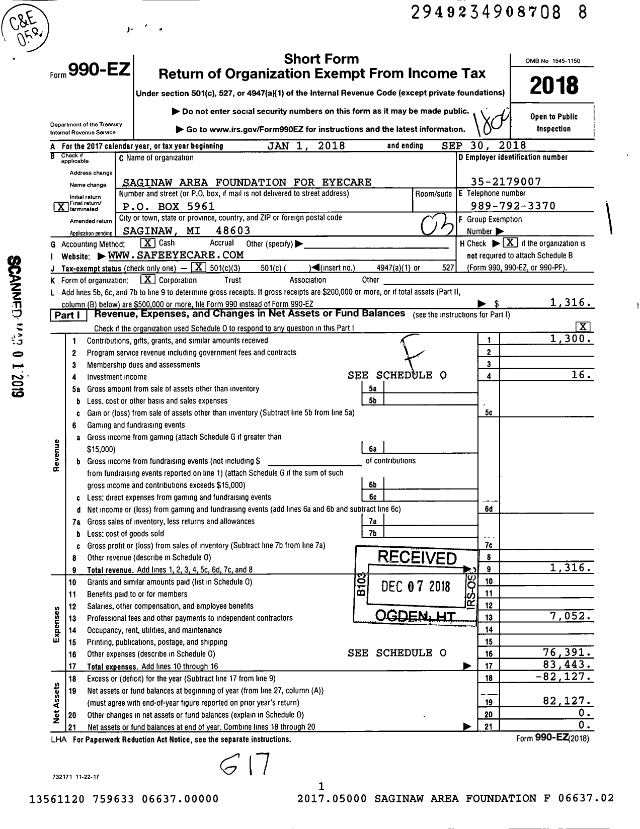 Image of first page of 2017 Form 990EZ for Saginaw Area Foundation for Eye Care