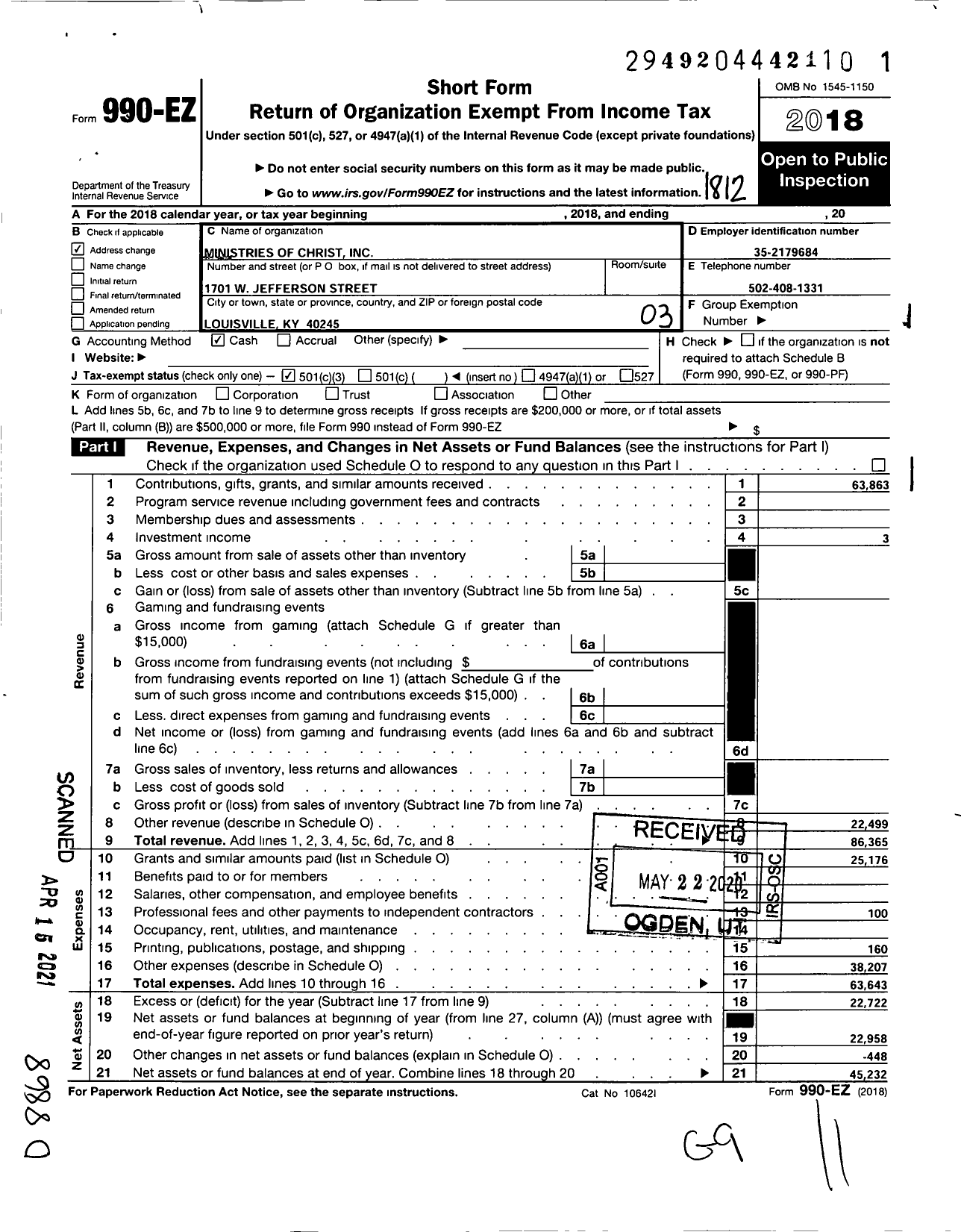 Image of first page of 2018 Form 990EZ for Ministries of Christ