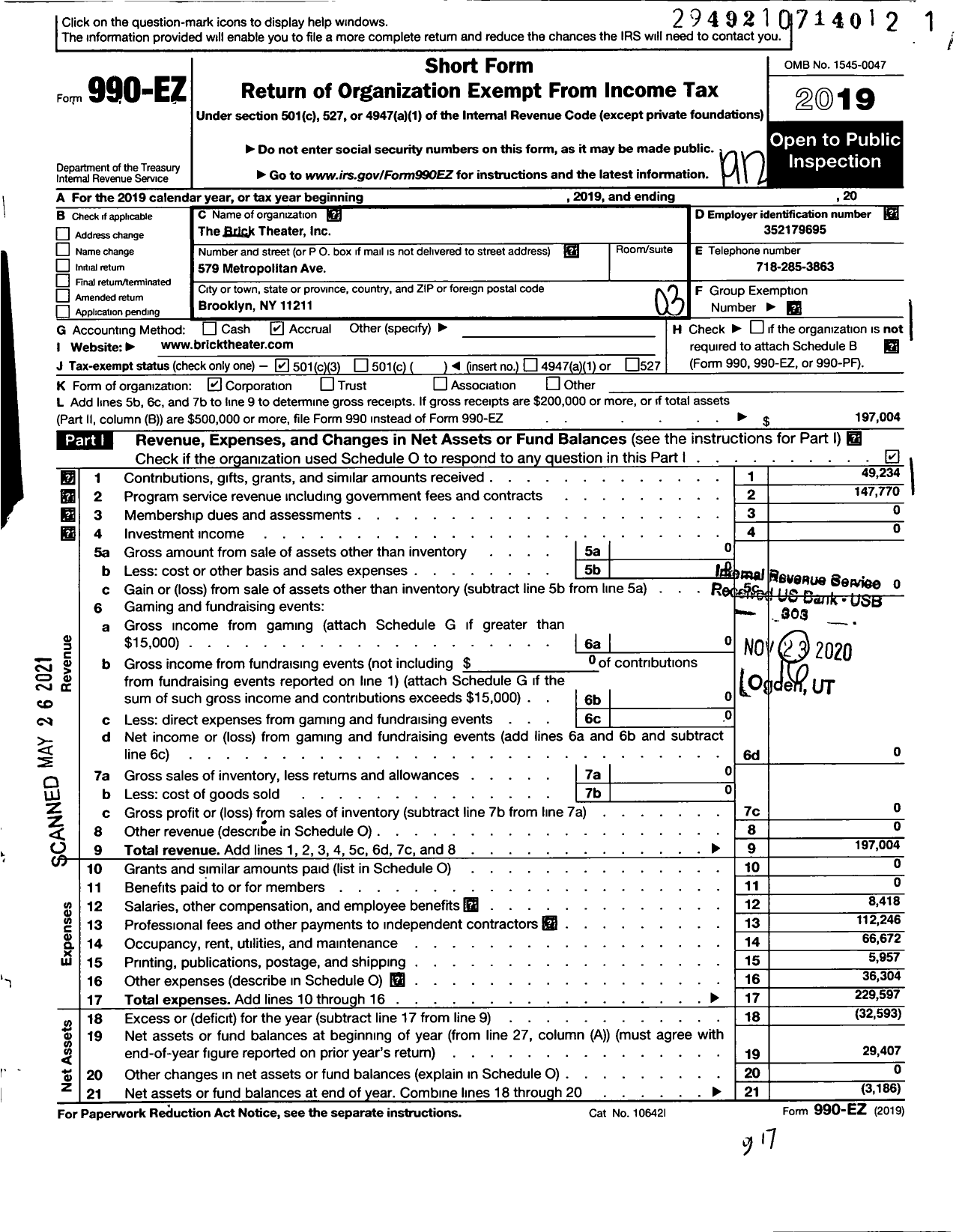 Image of first page of 2019 Form 990EZ for The Brick Theater