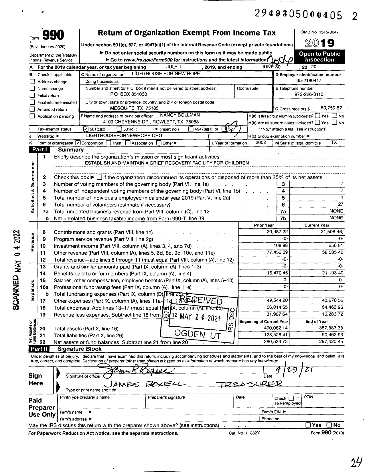 Image of first page of 2019 Form 990 for Lighthouse for New Hope