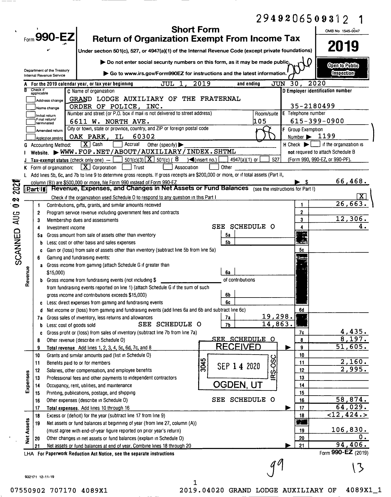 Image of first page of 2019 Form 990EO for Fraternal Order of Police - Grand Lodge Auxiliary