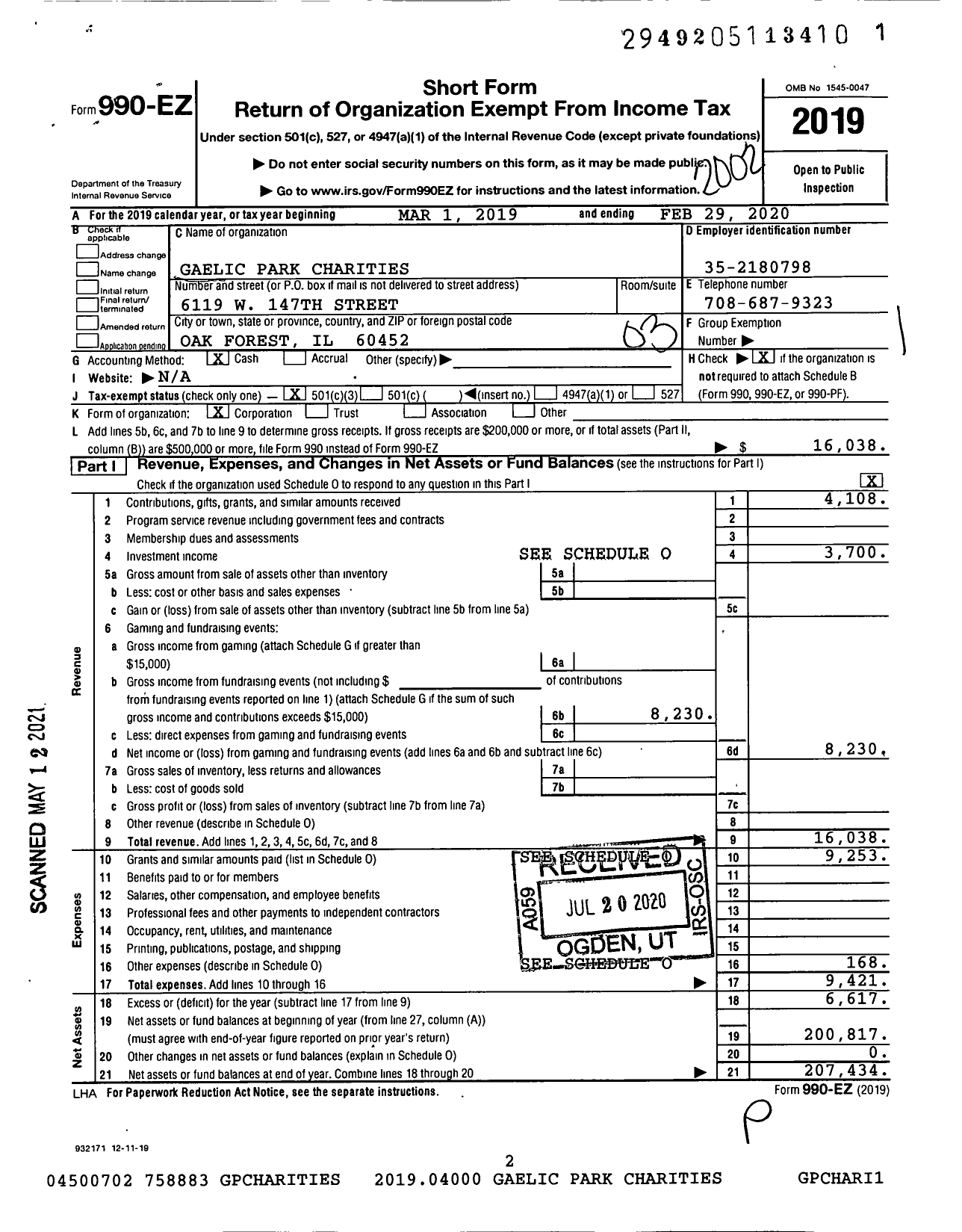 Image of first page of 2019 Form 990EZ for Gaelic Park Charities