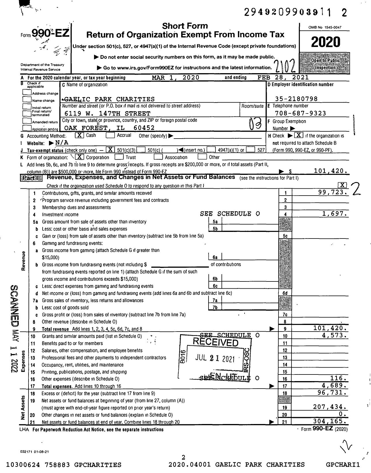 Image of first page of 2020 Form 990EZ for Gaelic Park Charities