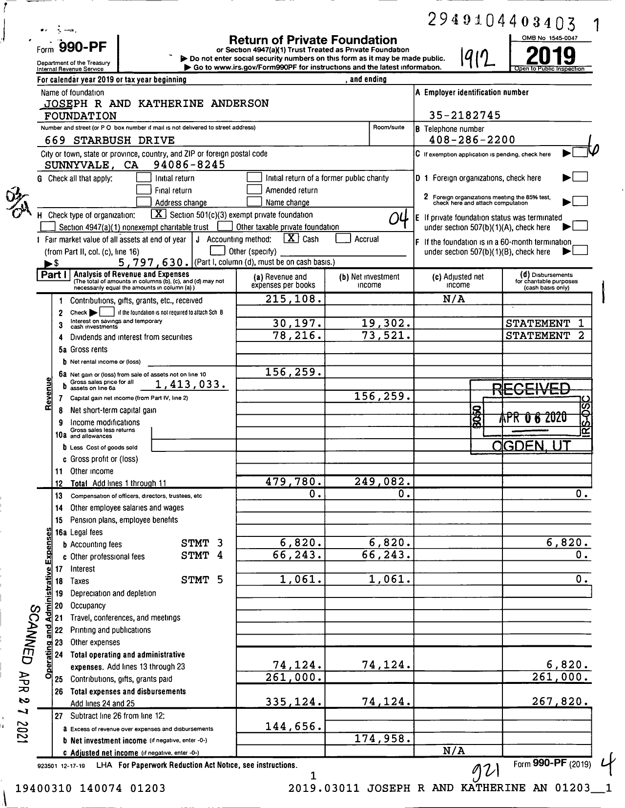 Image of first page of 2019 Form 990PF for Joseph R and Katherine Anderson Foundation