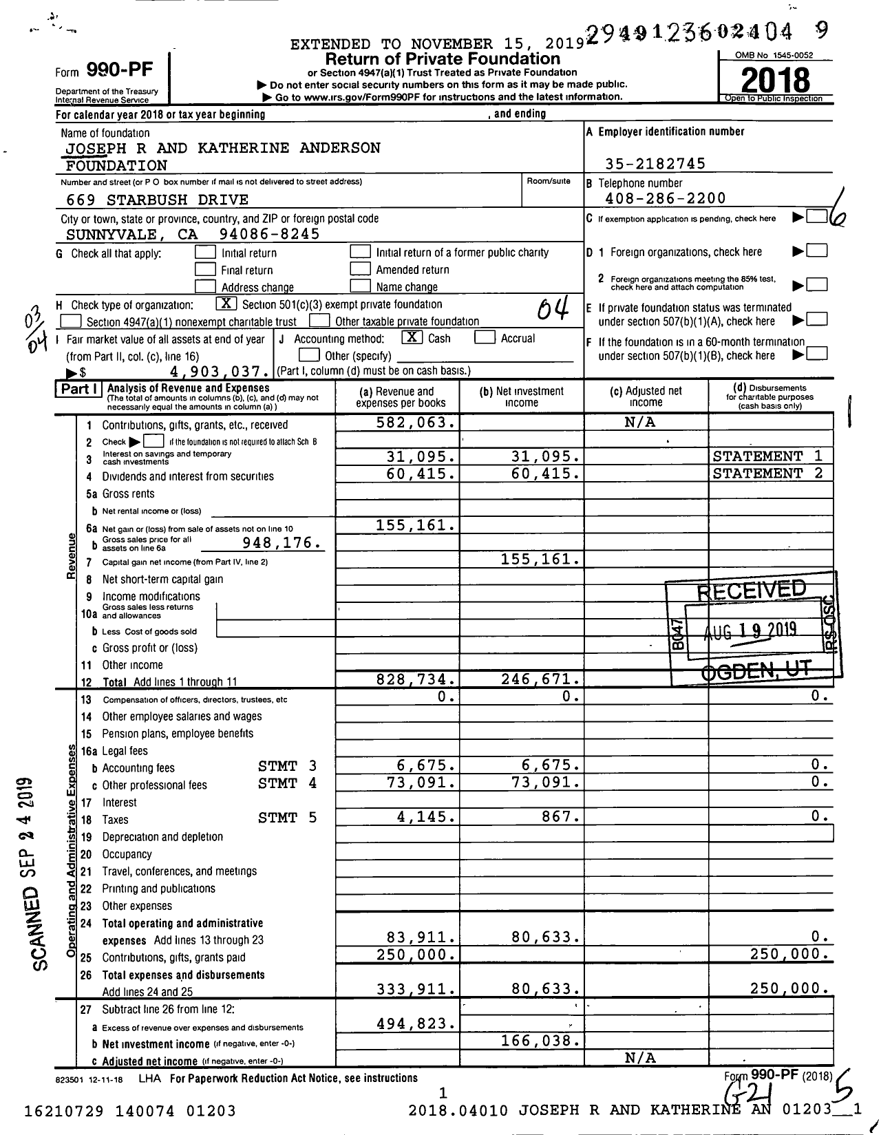 Image of first page of 2018 Form 990PF for Joseph R and Katherine Anderson Foundation