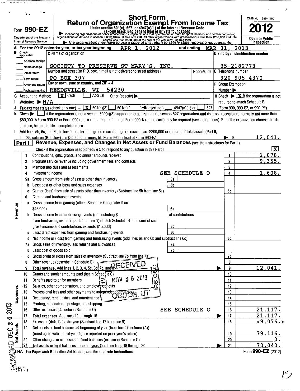 Image of first page of 2012 Form 990EZ for Preservation of St Marys