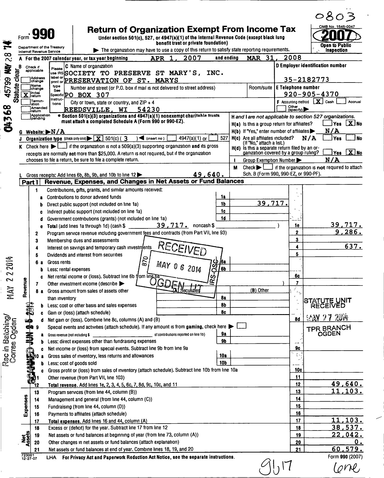 Image of first page of 2007 Form 990 for Preservation of St Marys