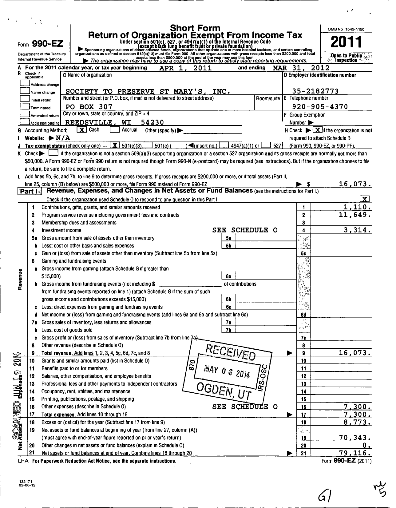 Image of first page of 2011 Form 990EZ for Preservation of St Marys