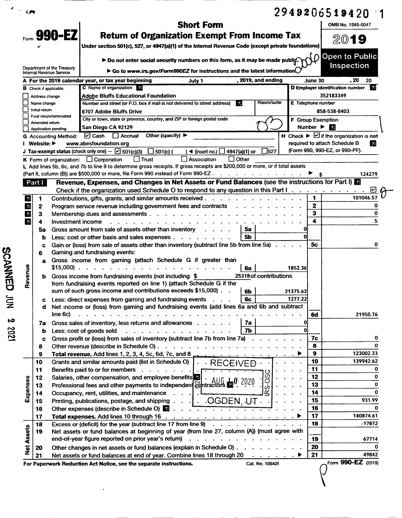 Image of first page of 2019 Form 990EZ for Adobe Bluffs Educational Foundation