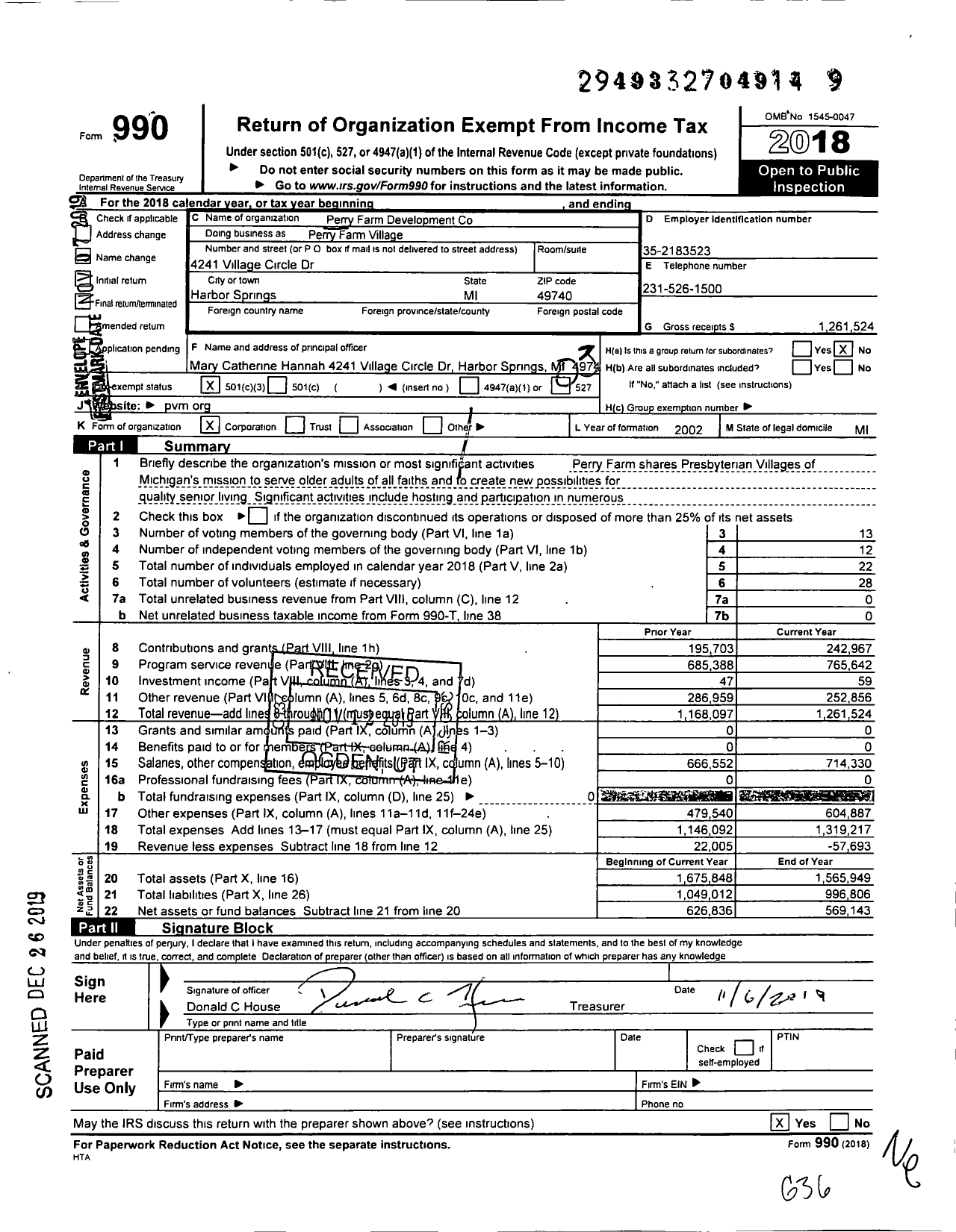 Image of first page of 2018 Form 990 for Perry Farm Village