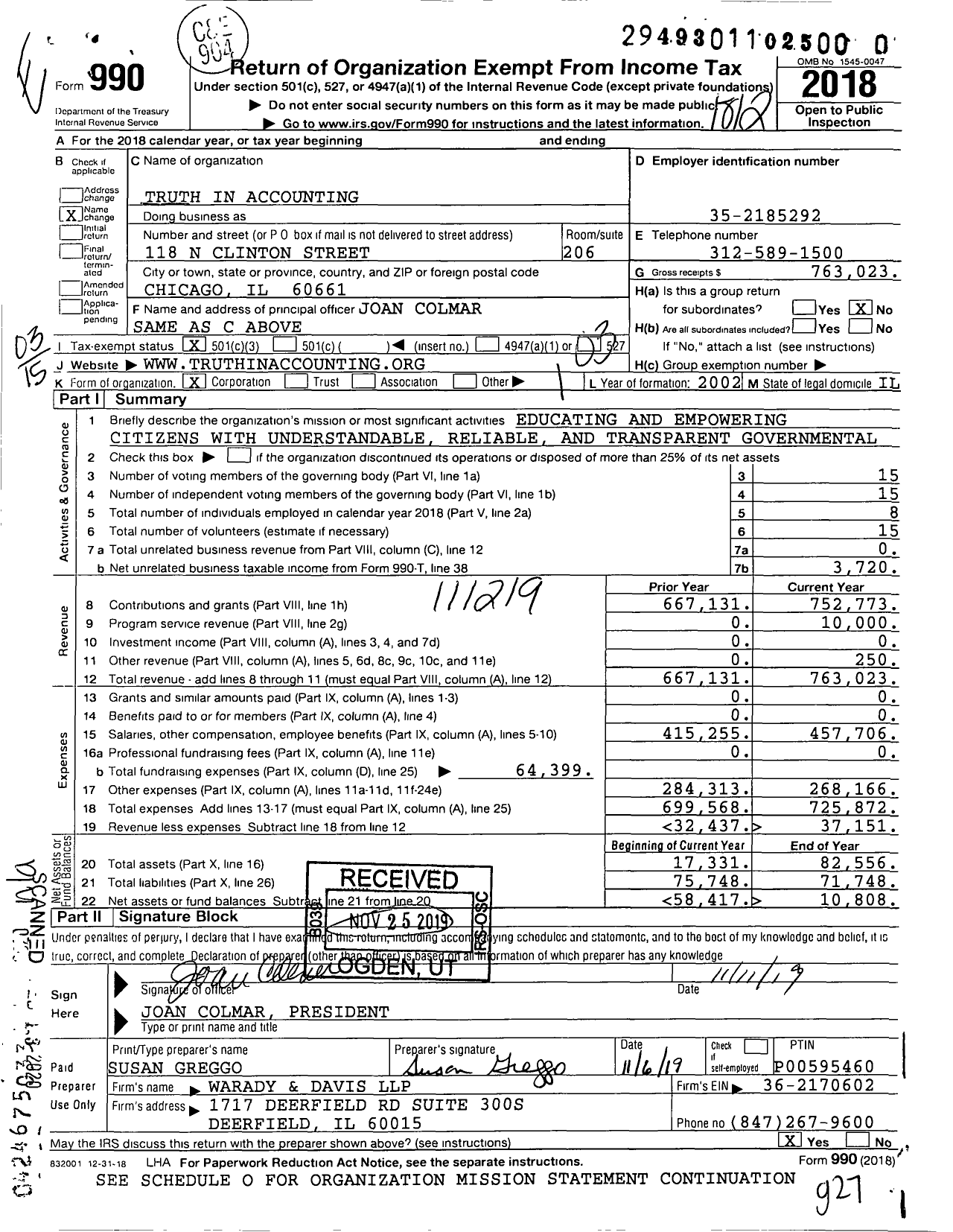 Image of first page of 2018 Form 990 for Truth in Accounting