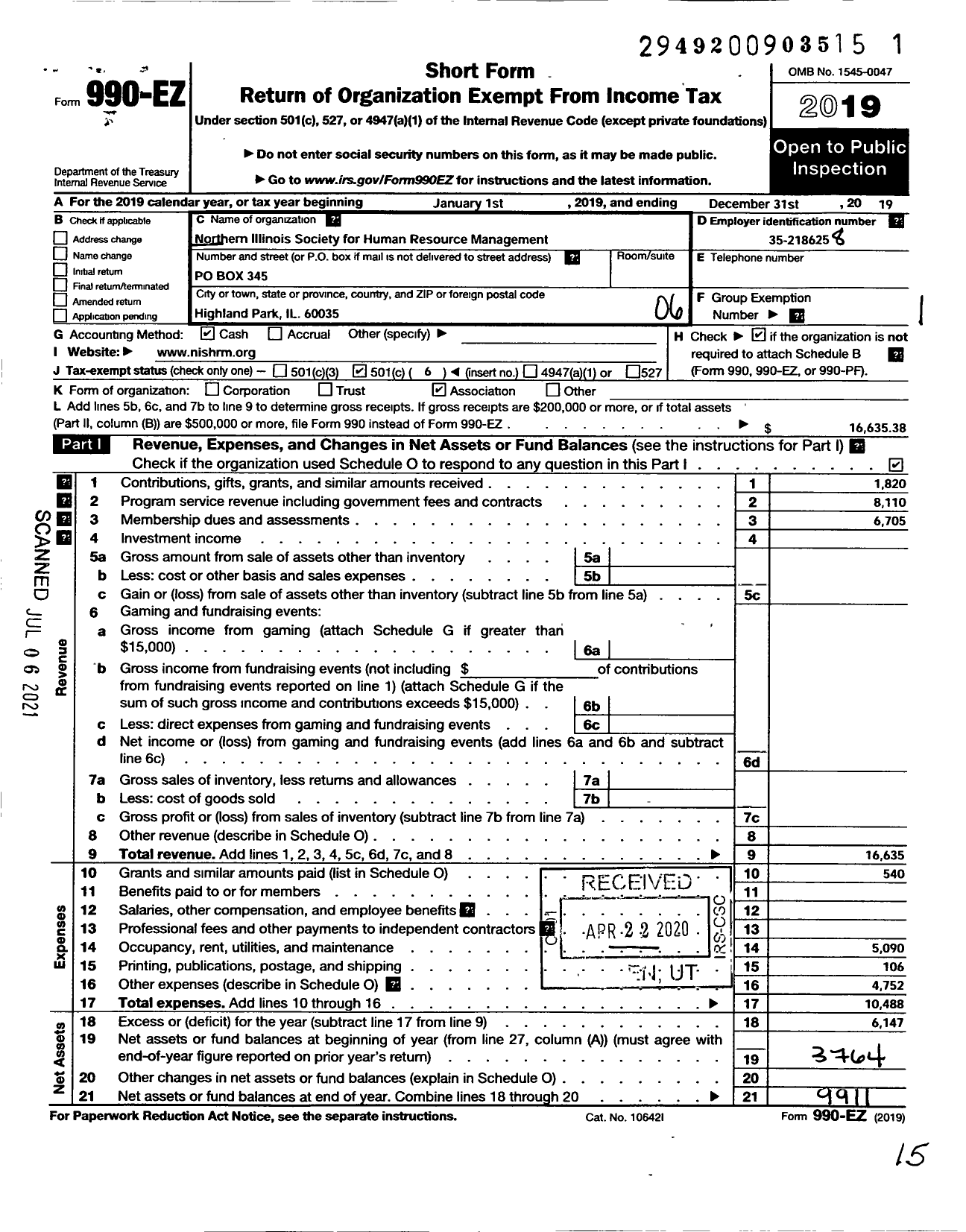 Image of first page of 2019 Form 990EO for Northern Illinois Society for Human Resources Management