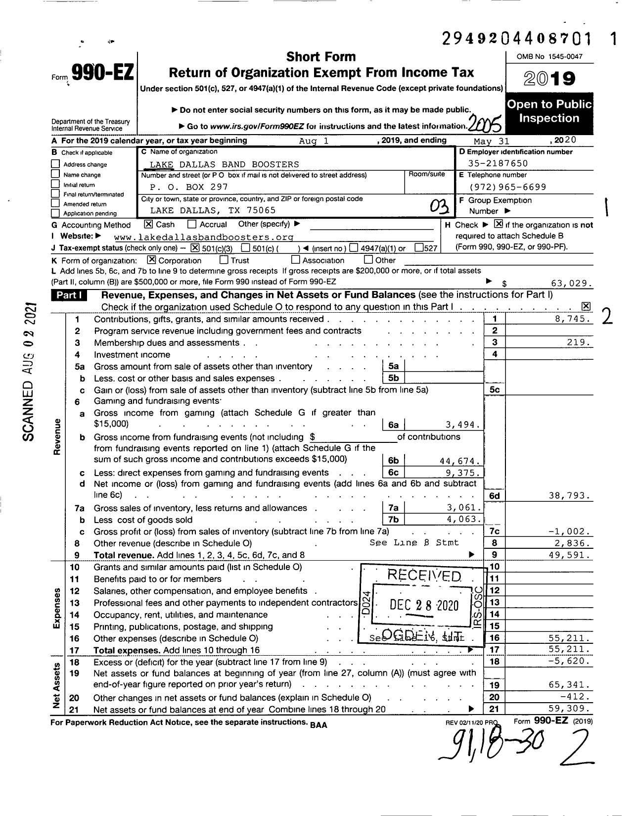 Image of first page of 2019 Form 990EZ for Lake Dallas Band Boosters