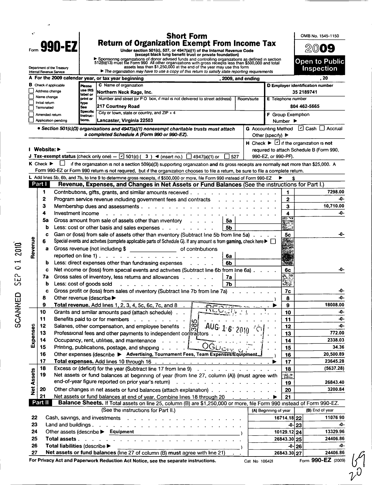 Image of first page of 2009 Form 990EZ for Northern Neck Rage