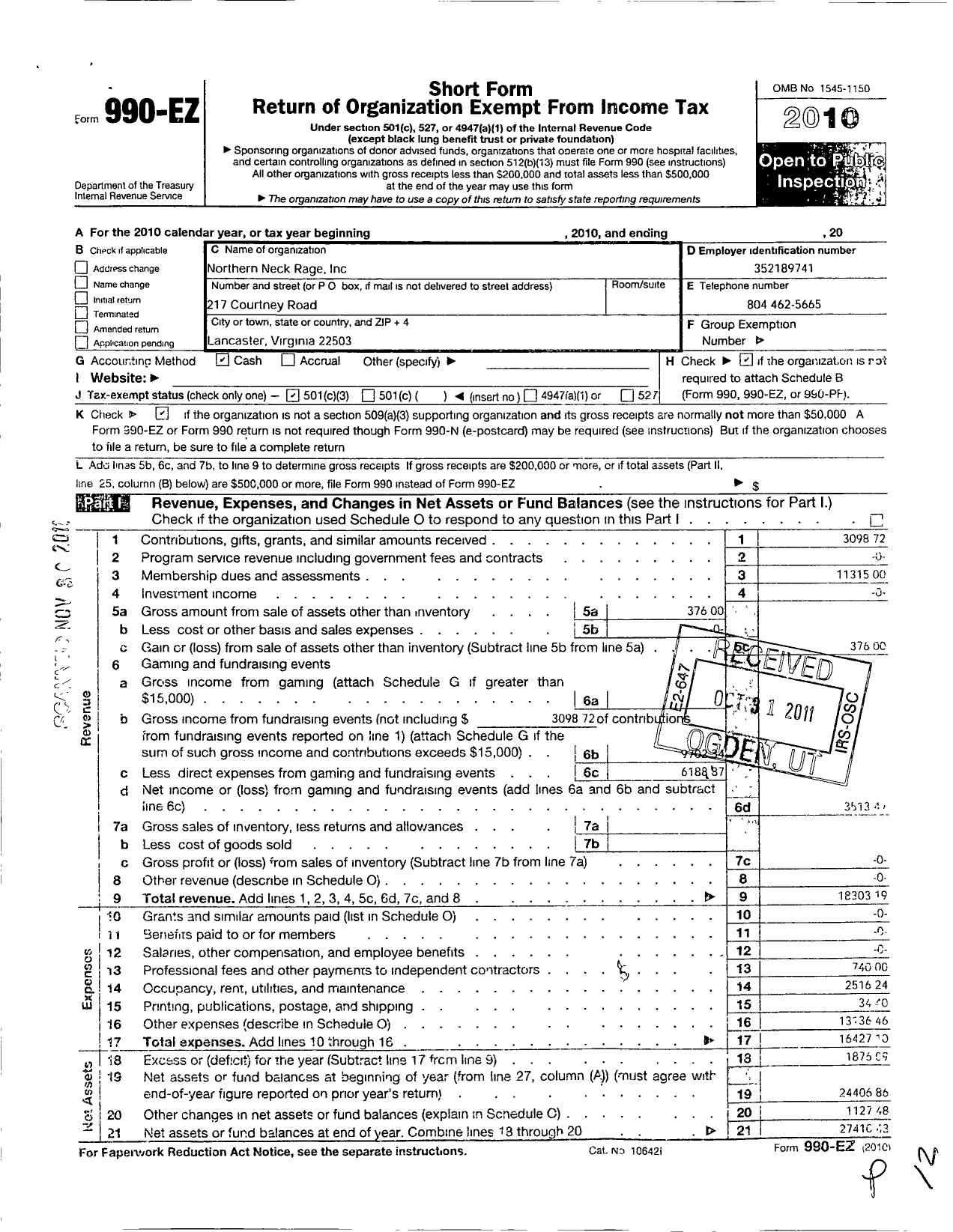 Image of first page of 2010 Form 990EZ for Northern Neck Rage