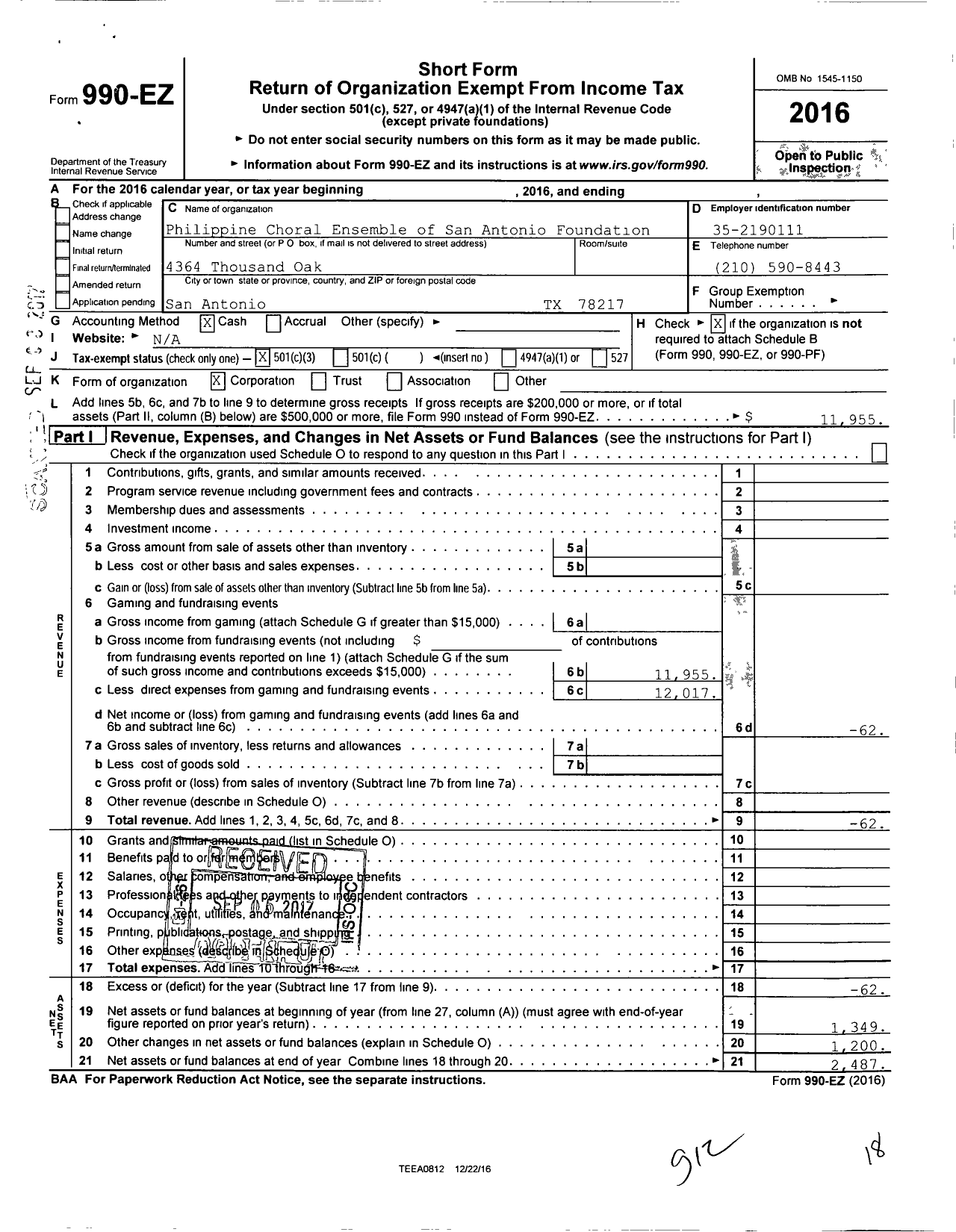 Image of first page of 2016 Form 990EZ for Philippine Chorale Ensemble of San Antinio Foundation