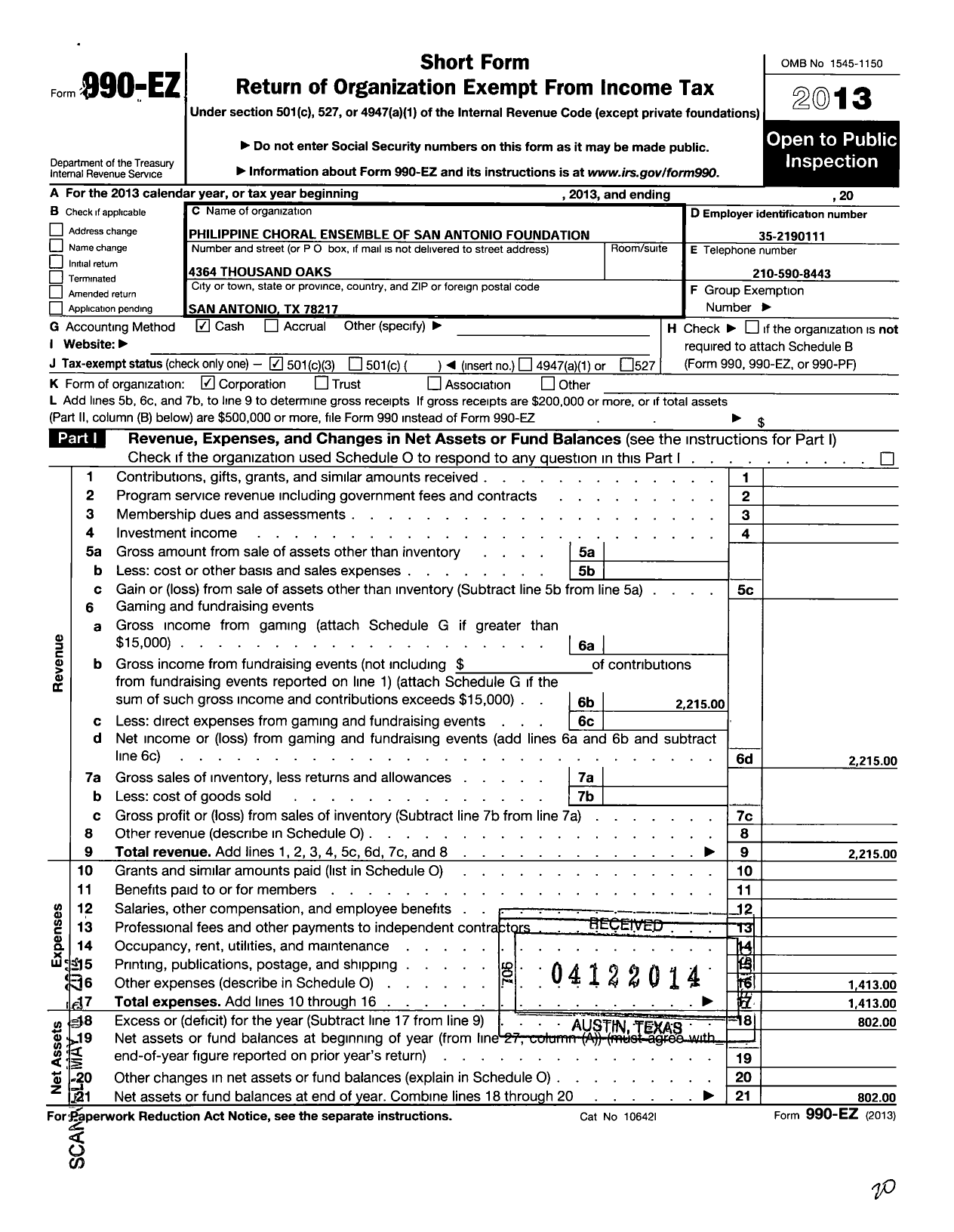 Image of first page of 2013 Form 990EZ for Philippine Chorale Ensemble of San Antinio Foundation