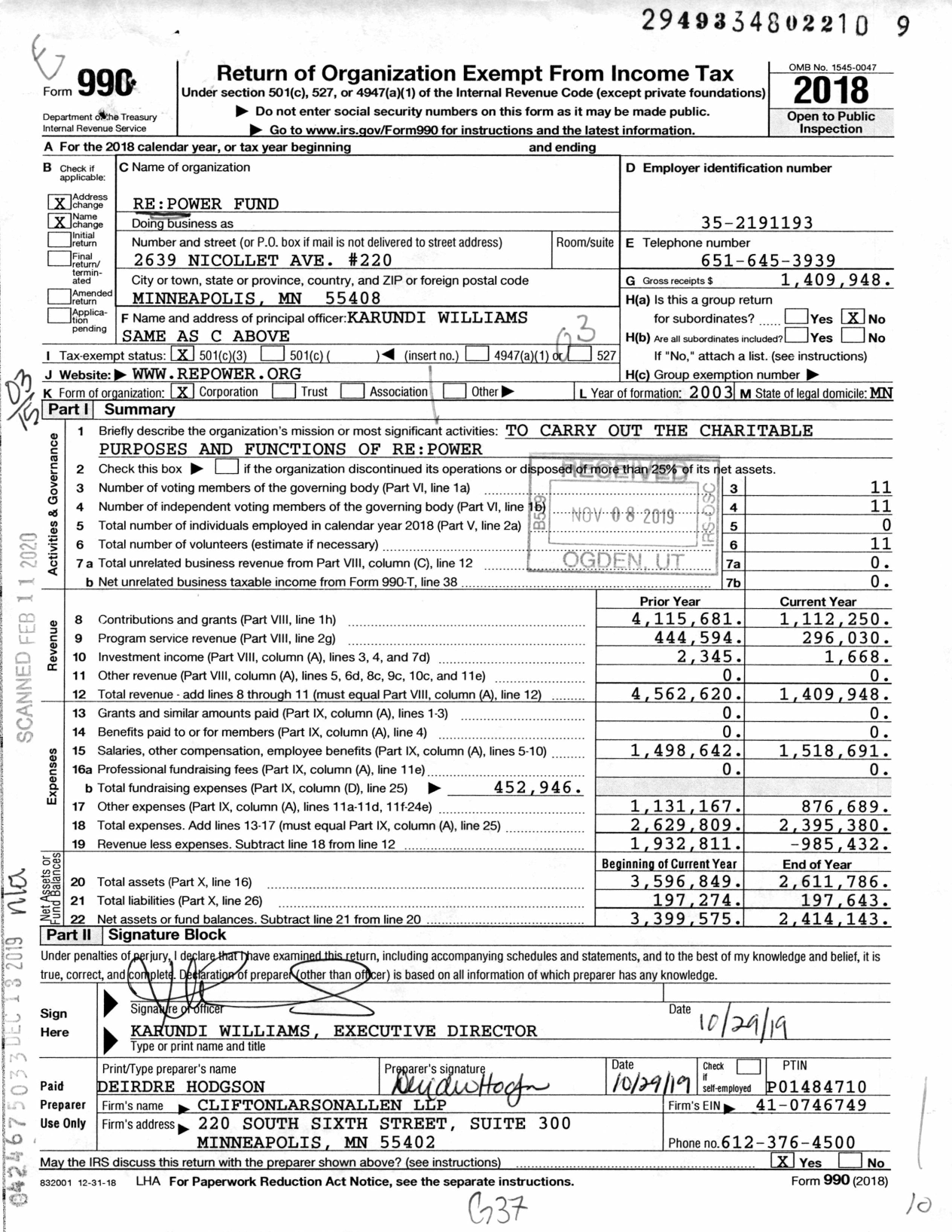 Image of first page of 2018 Form 990 for Repower Fund