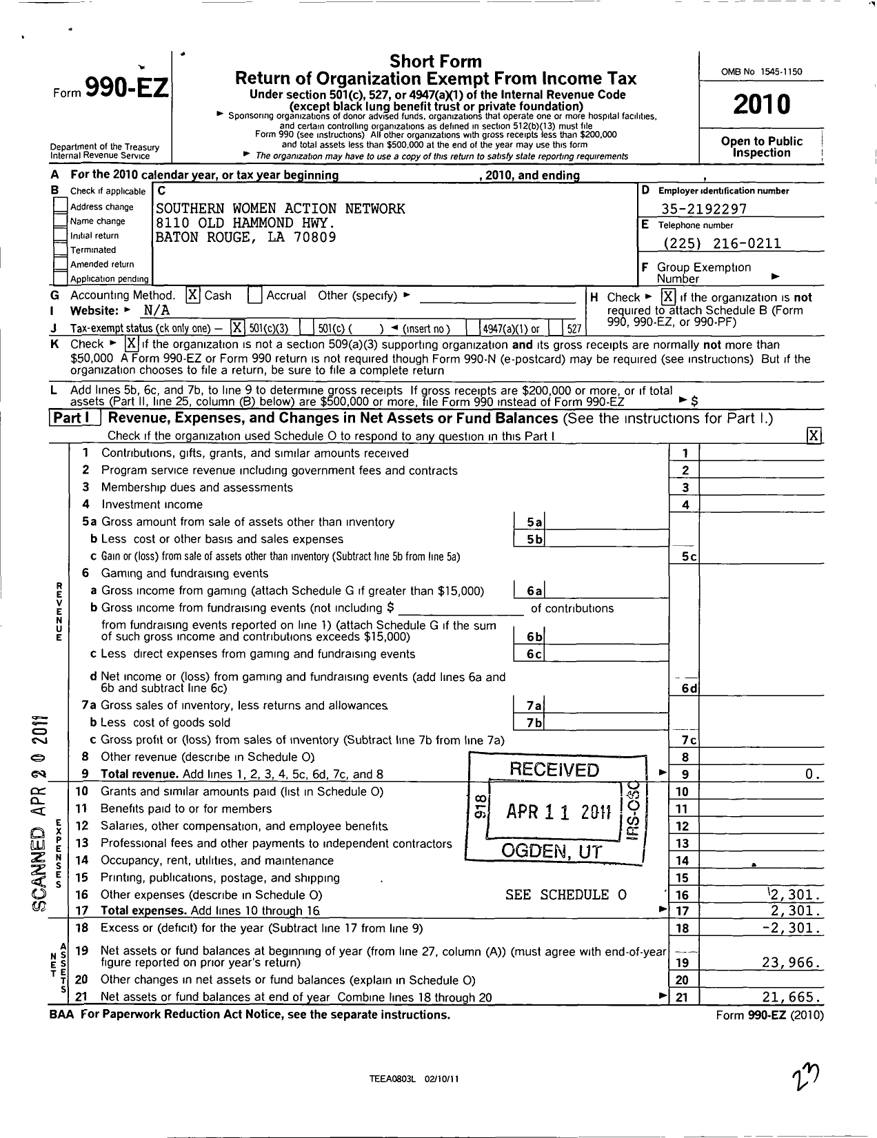 Image of first page of 2010 Form 990EZ for Southern Women Action Network (SWAN)