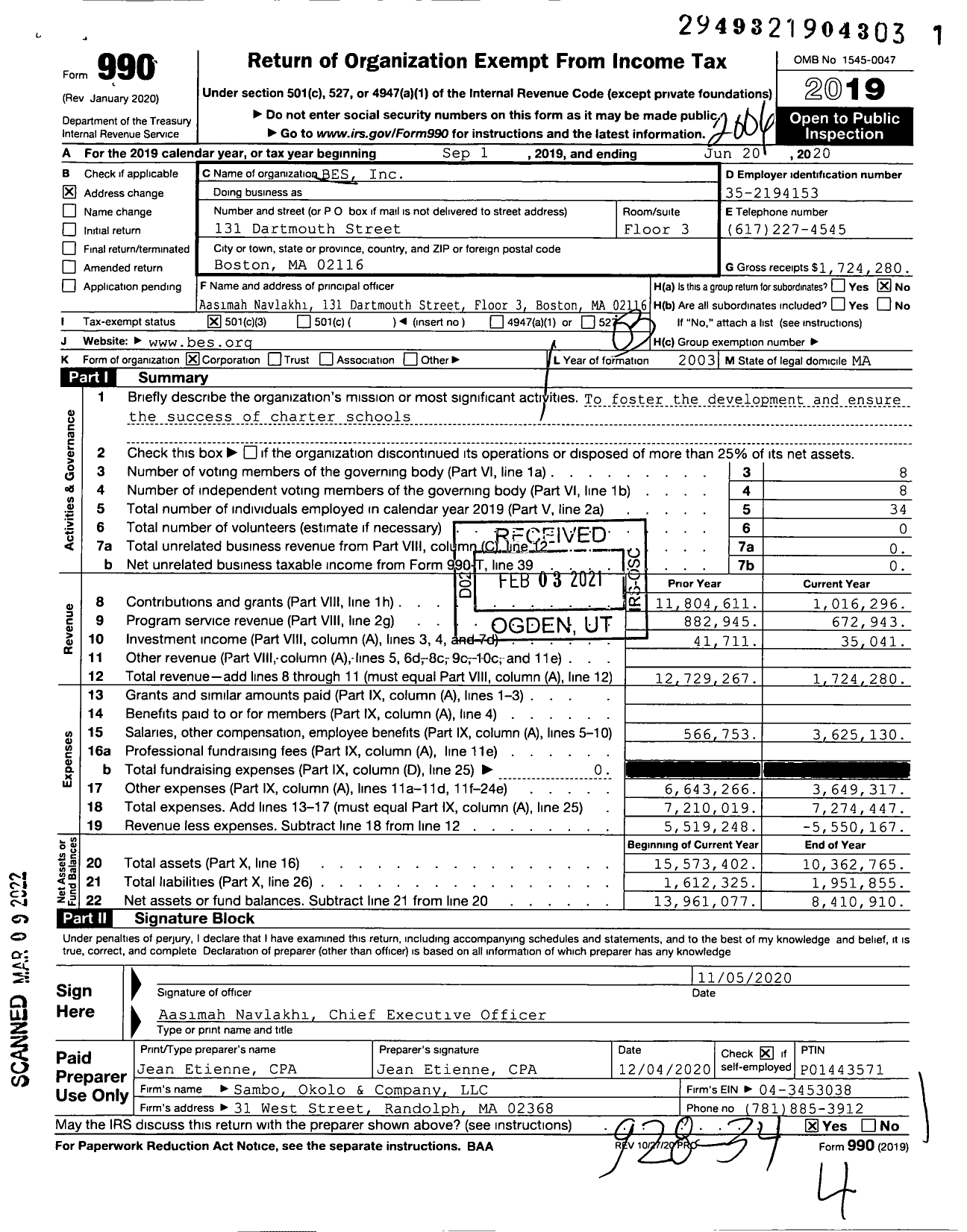 Image of first page of 2019 Form 990 for Building Excellent Schools (BES)