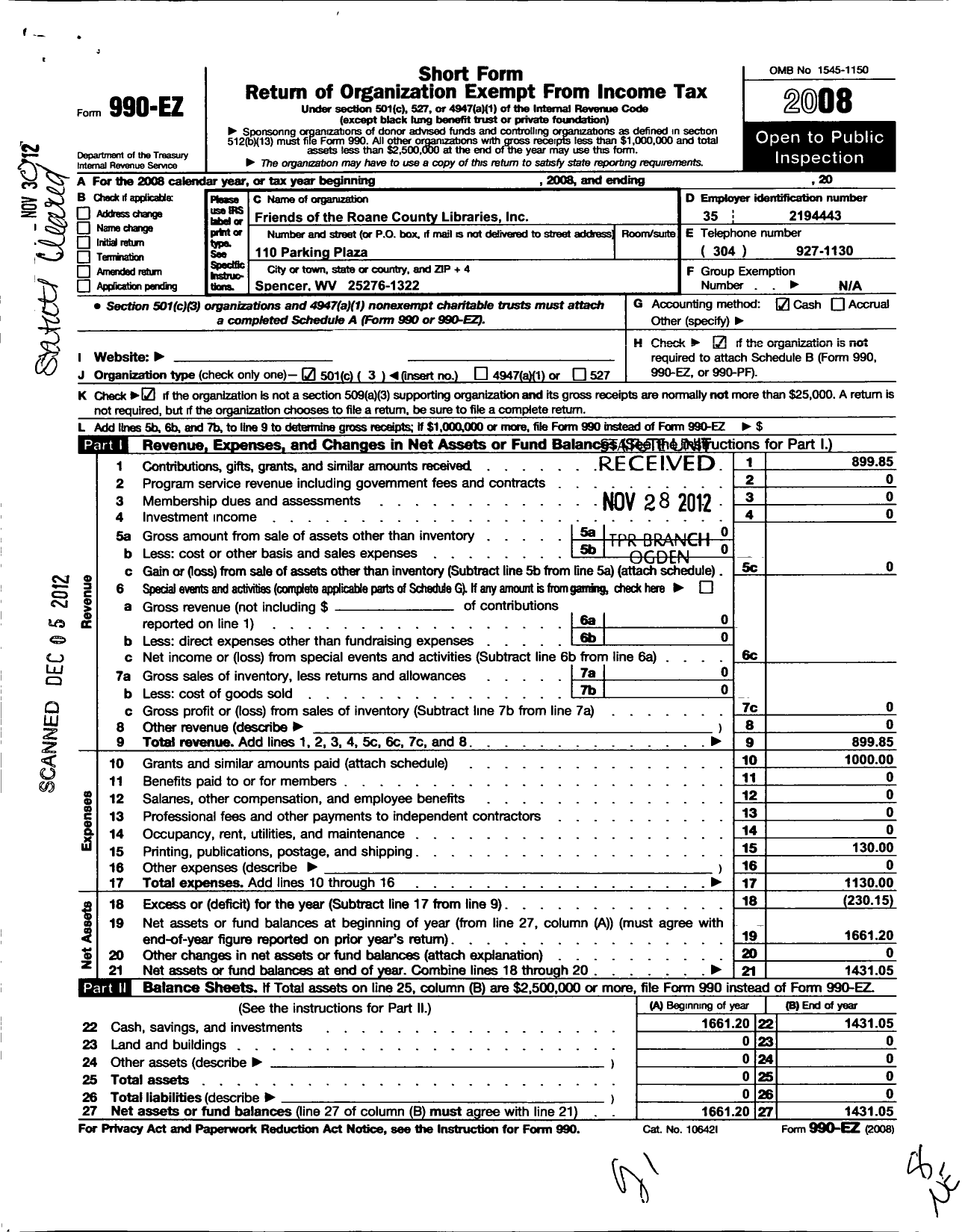 Image of first page of 2008 Form 990EZ for Friends of the Roane County Libraries