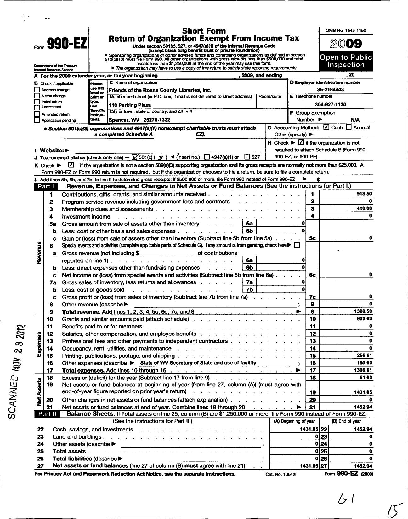 Image of first page of 2009 Form 990EZ for Friends of the Roane County Libraries