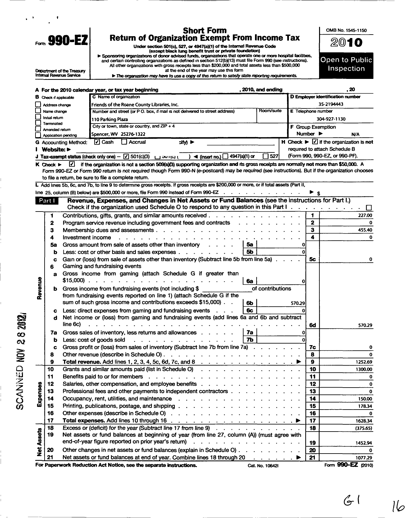 Image of first page of 2010 Form 990EZ for Friends of the Roane County Libraries