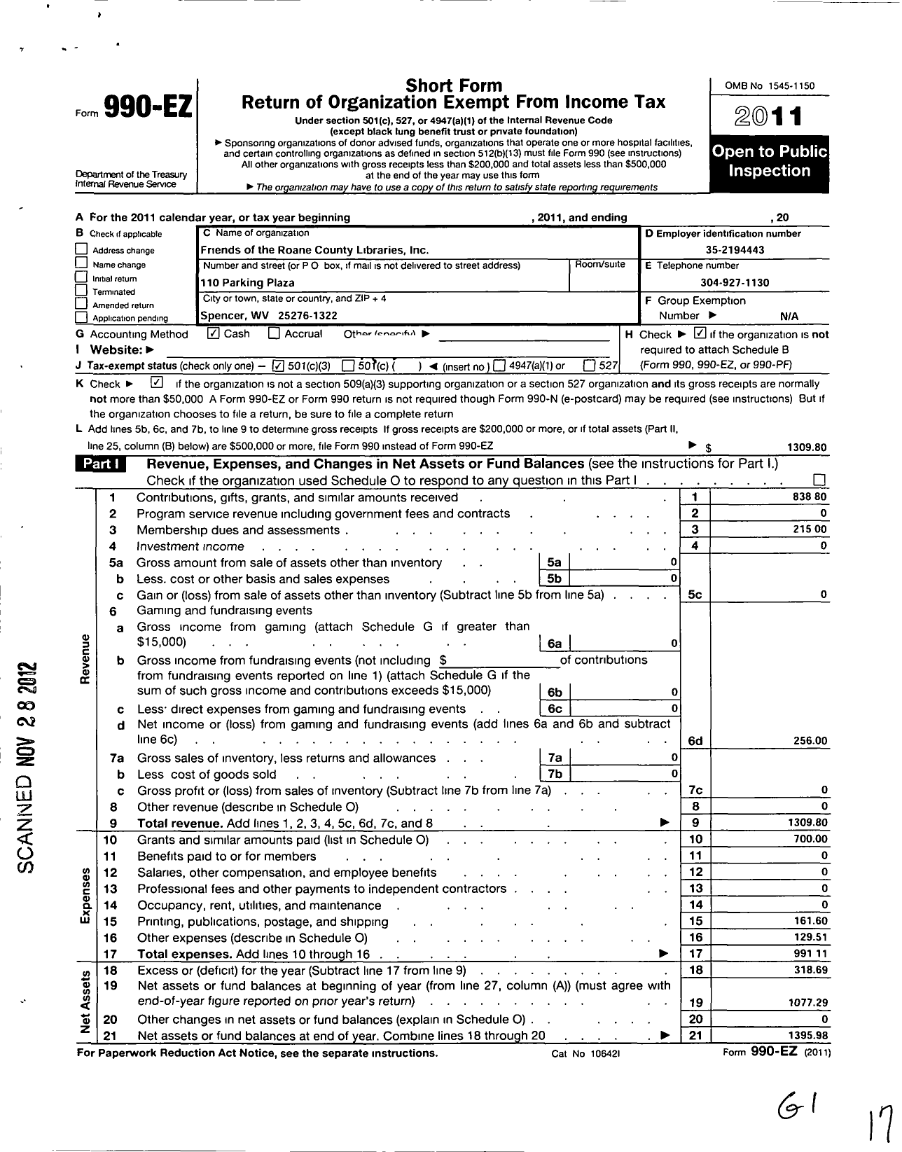 Image of first page of 2011 Form 990EZ for Friends of the Roane County Libraries