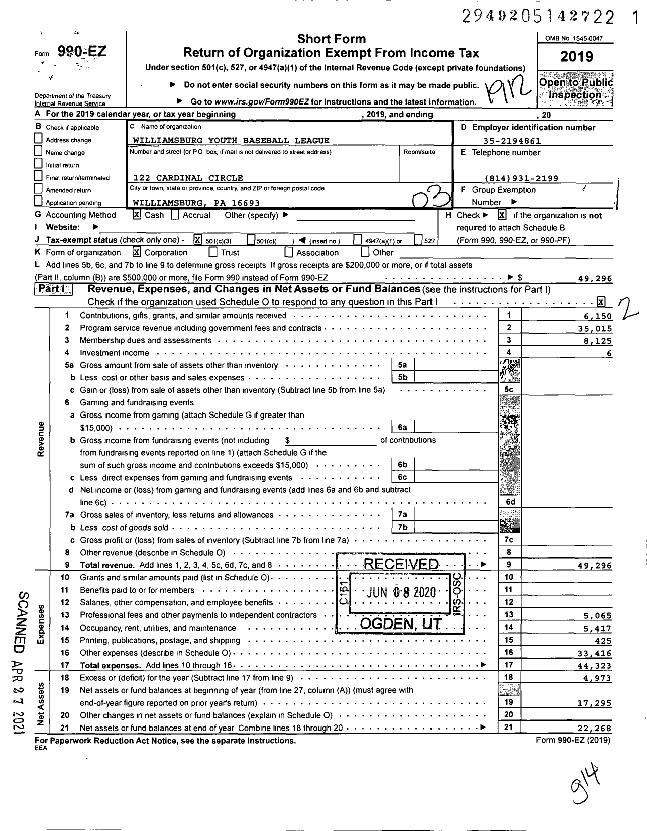 Image of first page of 2019 Form 990EZ for Williamsburg Youth Baseball League