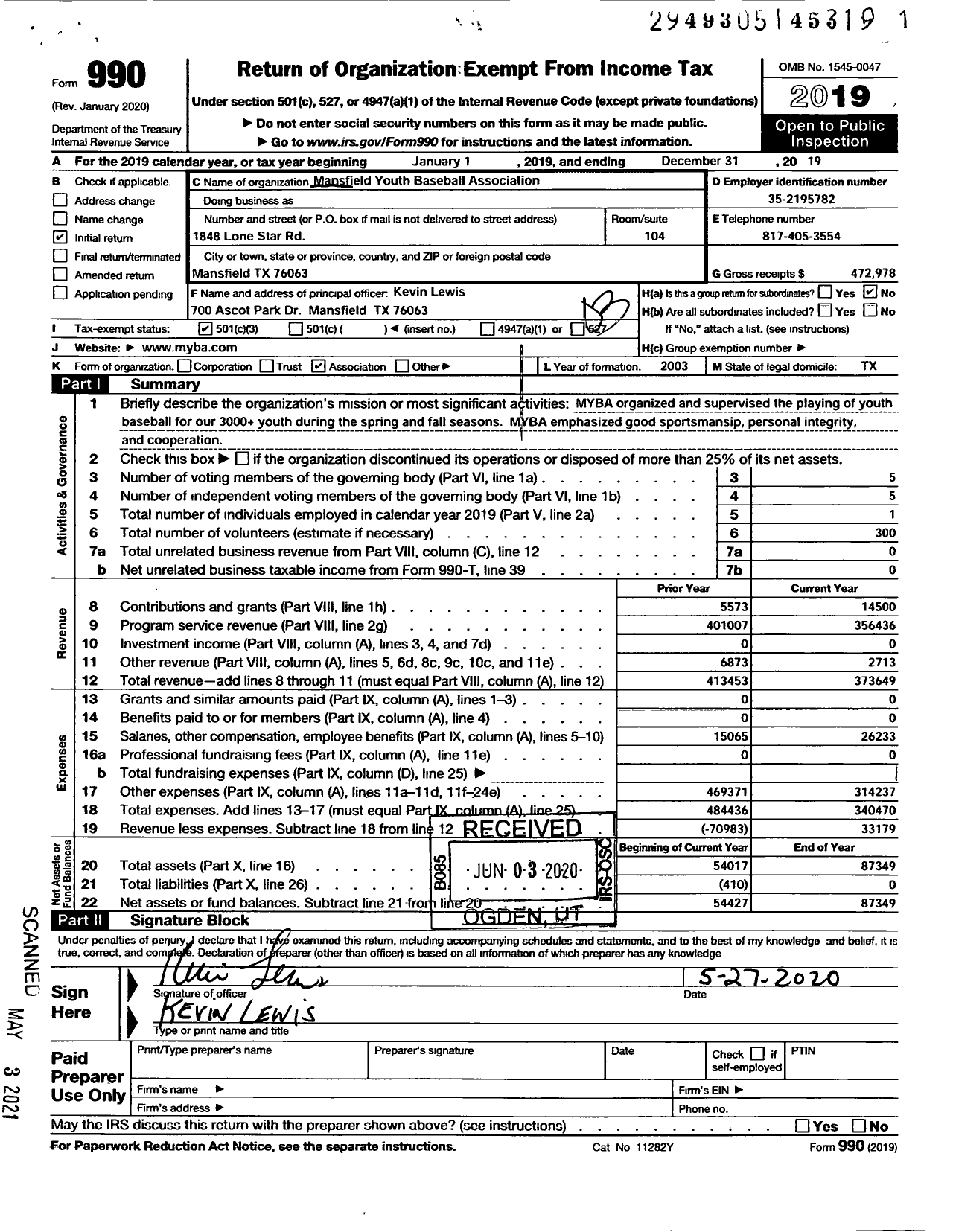 Image of first page of 2019 Form 990 for Mansfield Youth Baseball Association