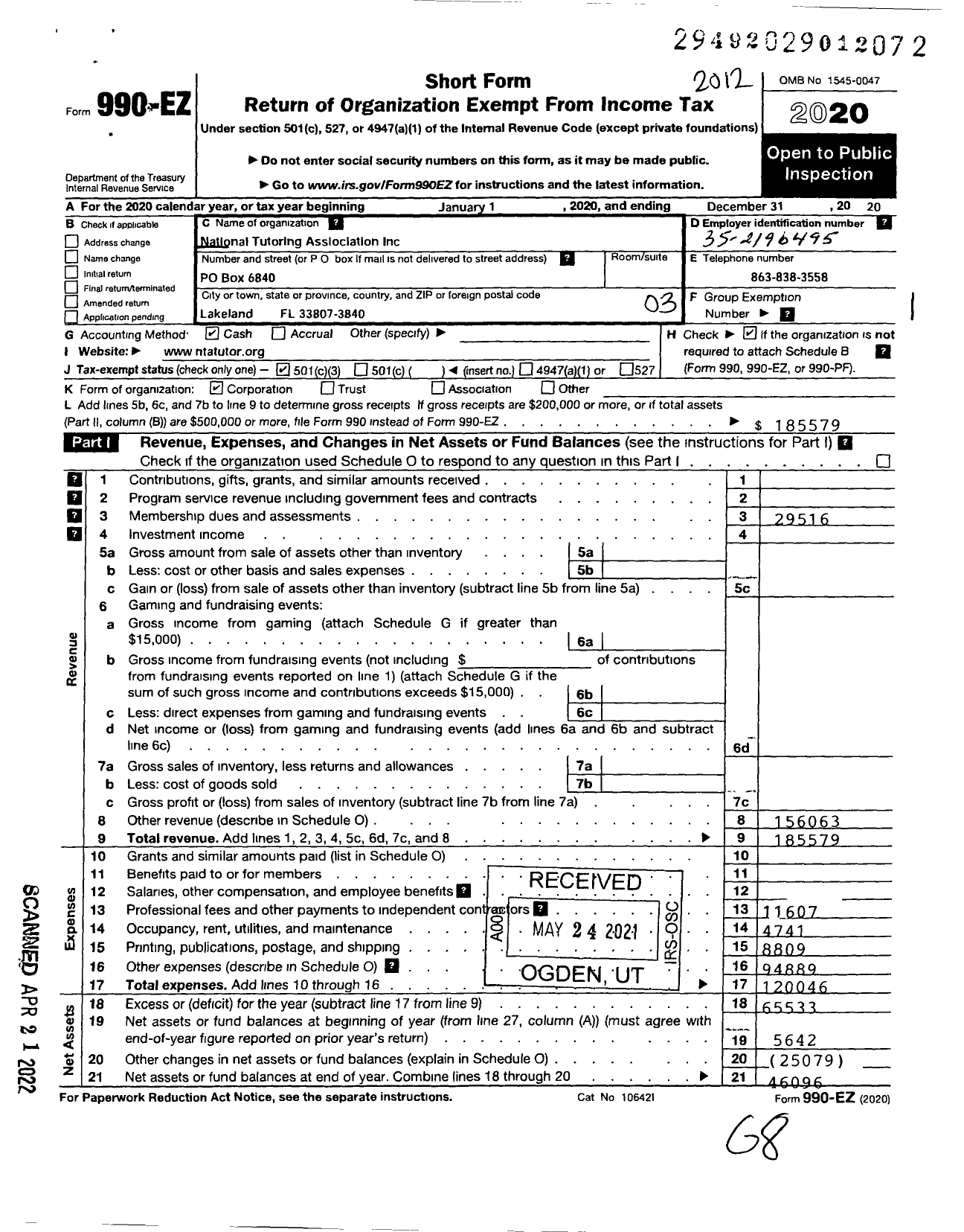 Image of first page of 2020 Form 990EZ for National Tutoring Association